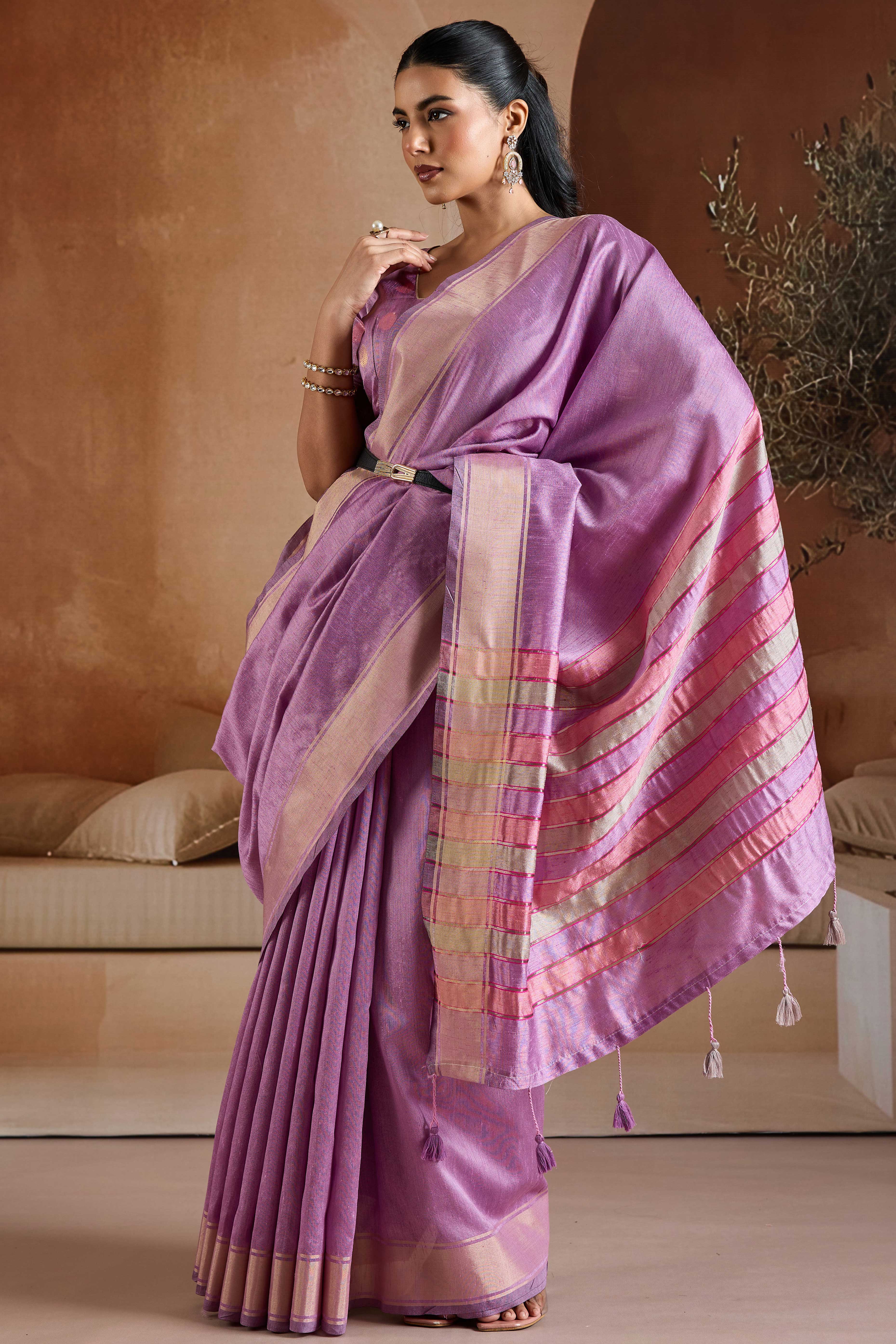 Graceful Lavender Zari Woven Bhagalpuri Silk Saree Accented With Tassel Pallu