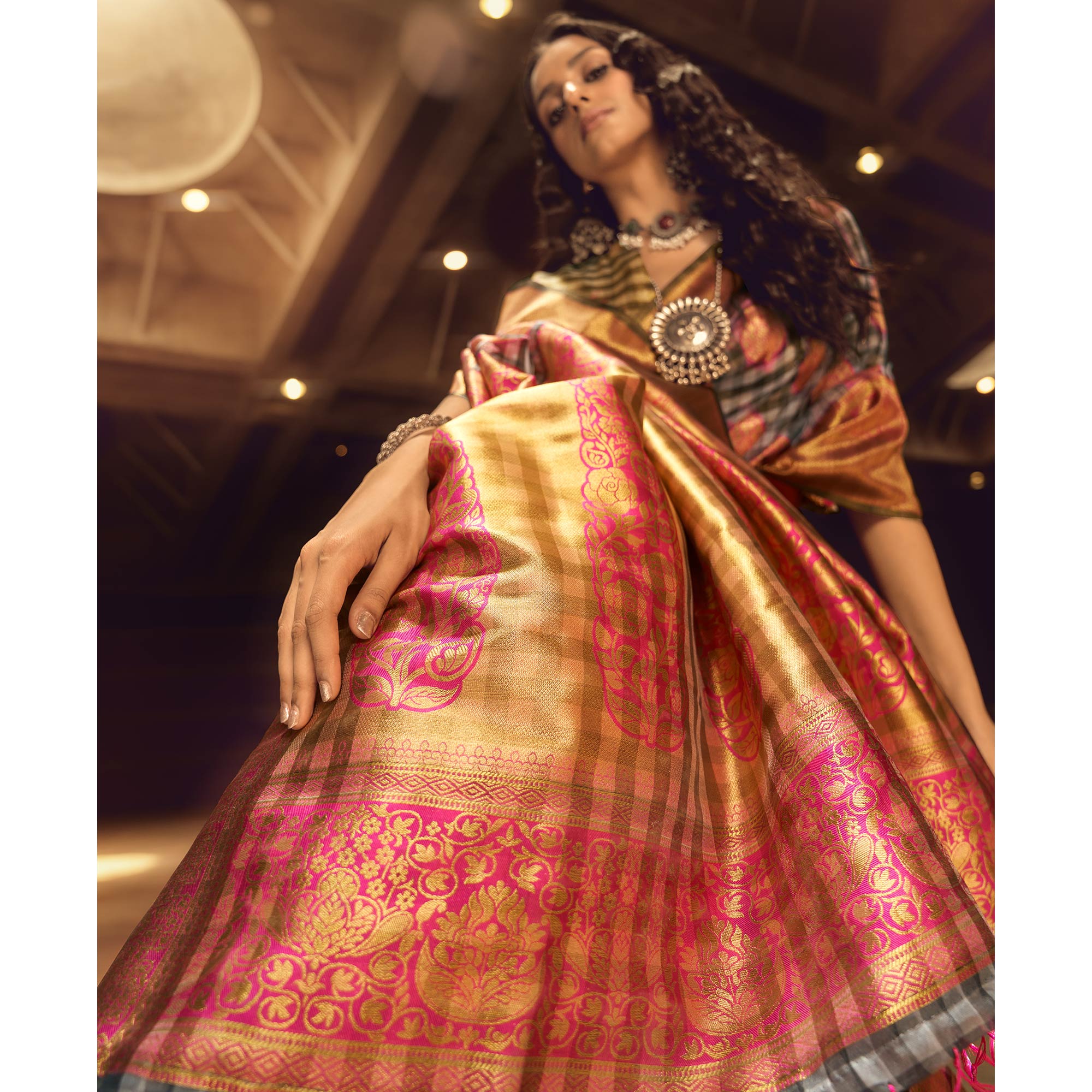 Rani Pink Checks Woven Organza Saree With Tassels
