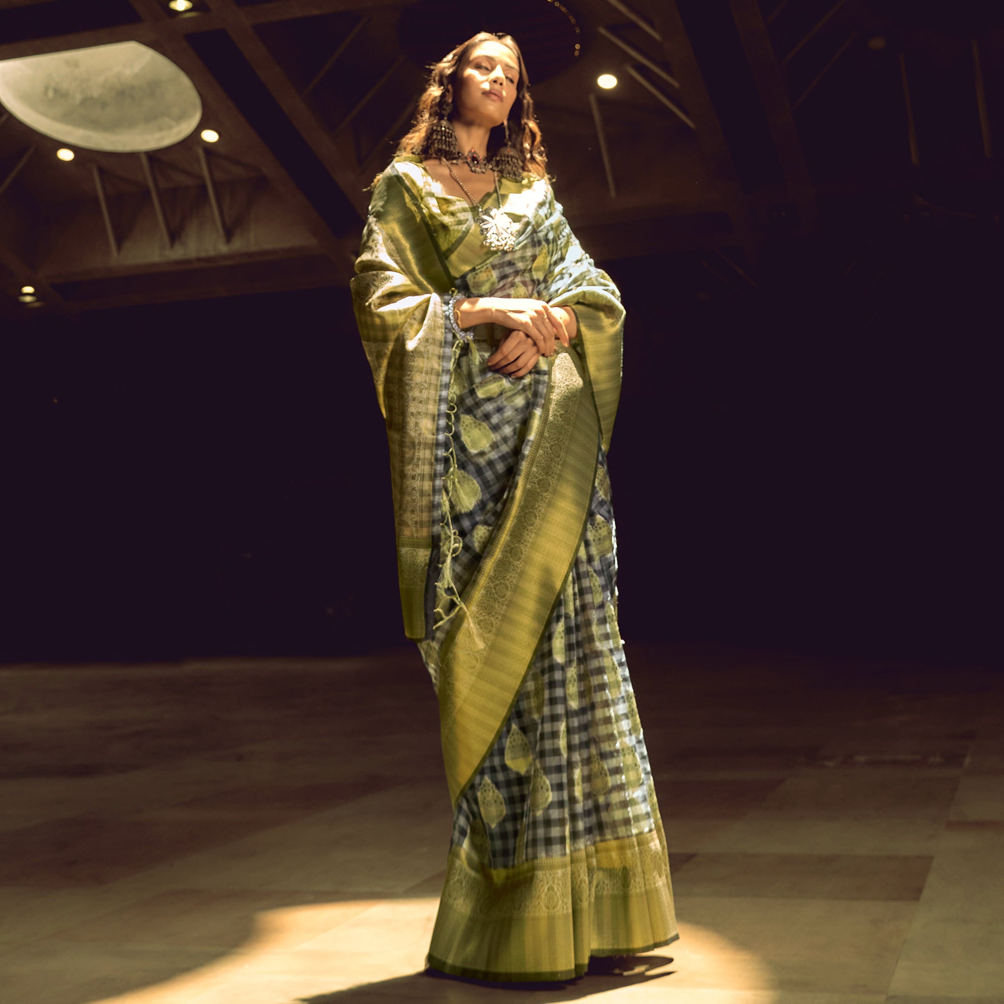 Yellow Checks Woven Organza Saree With Tassels