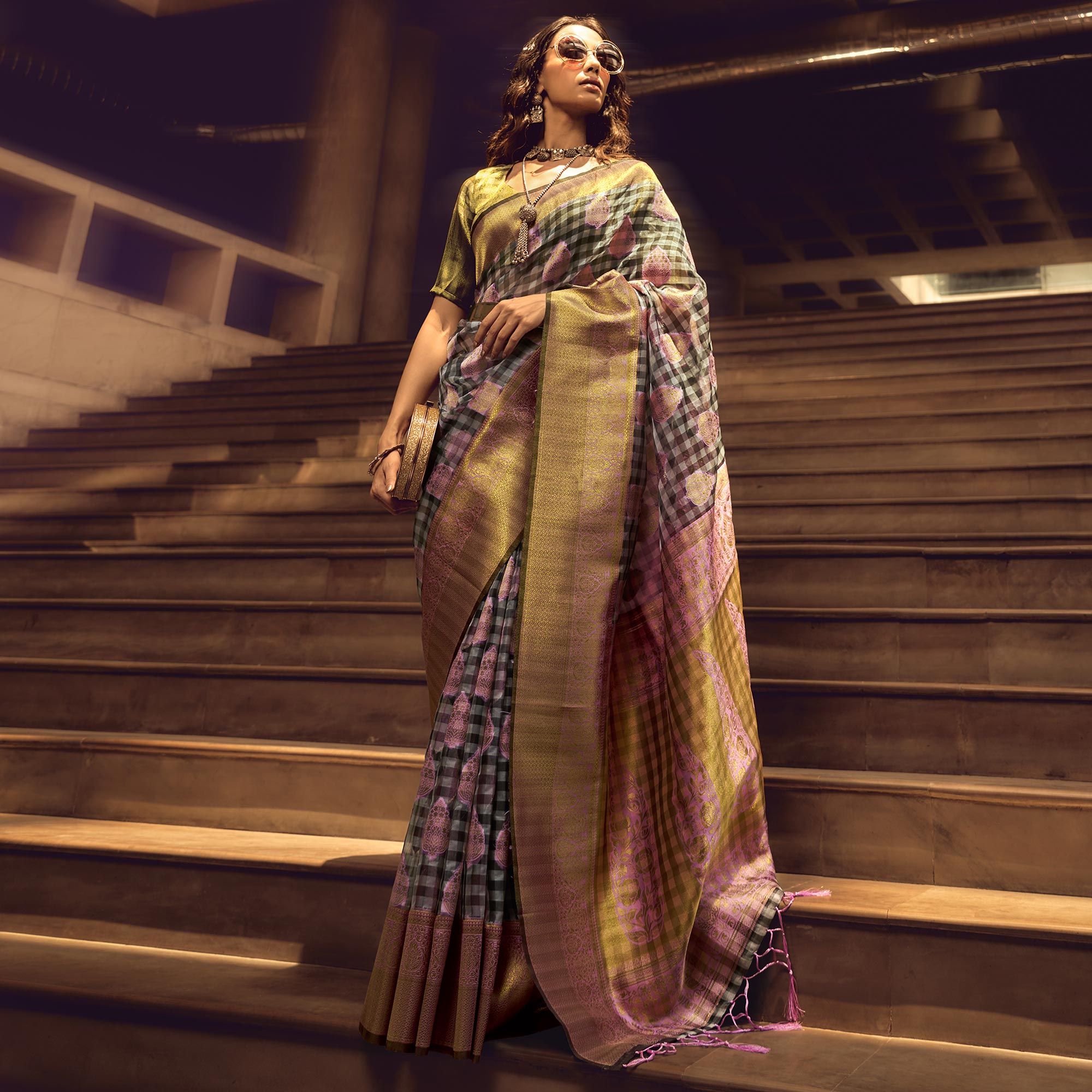 Purple Checks Woven Organza Saree With Tassels