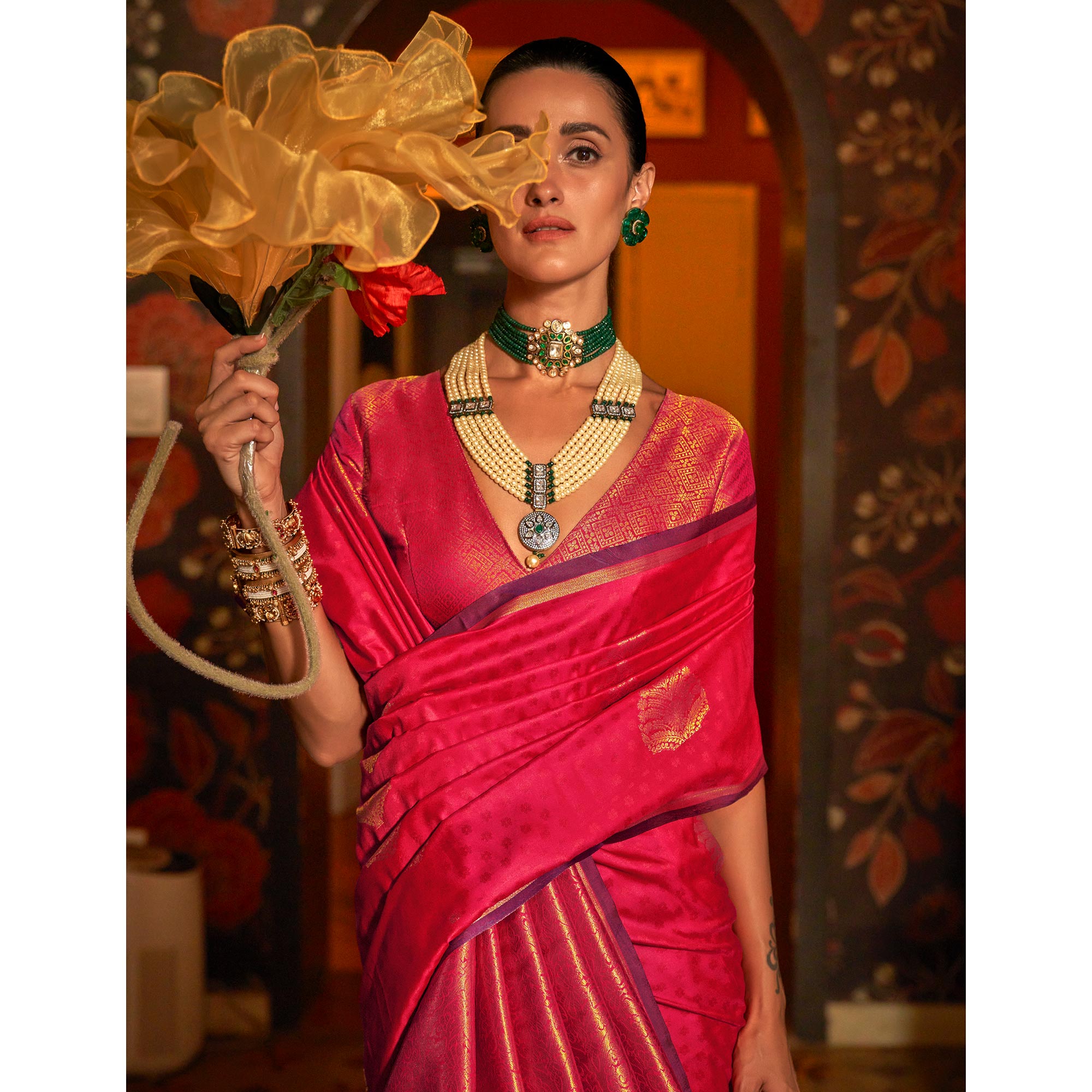 Pink Zari Work Woven Mulberry Silk Saree
