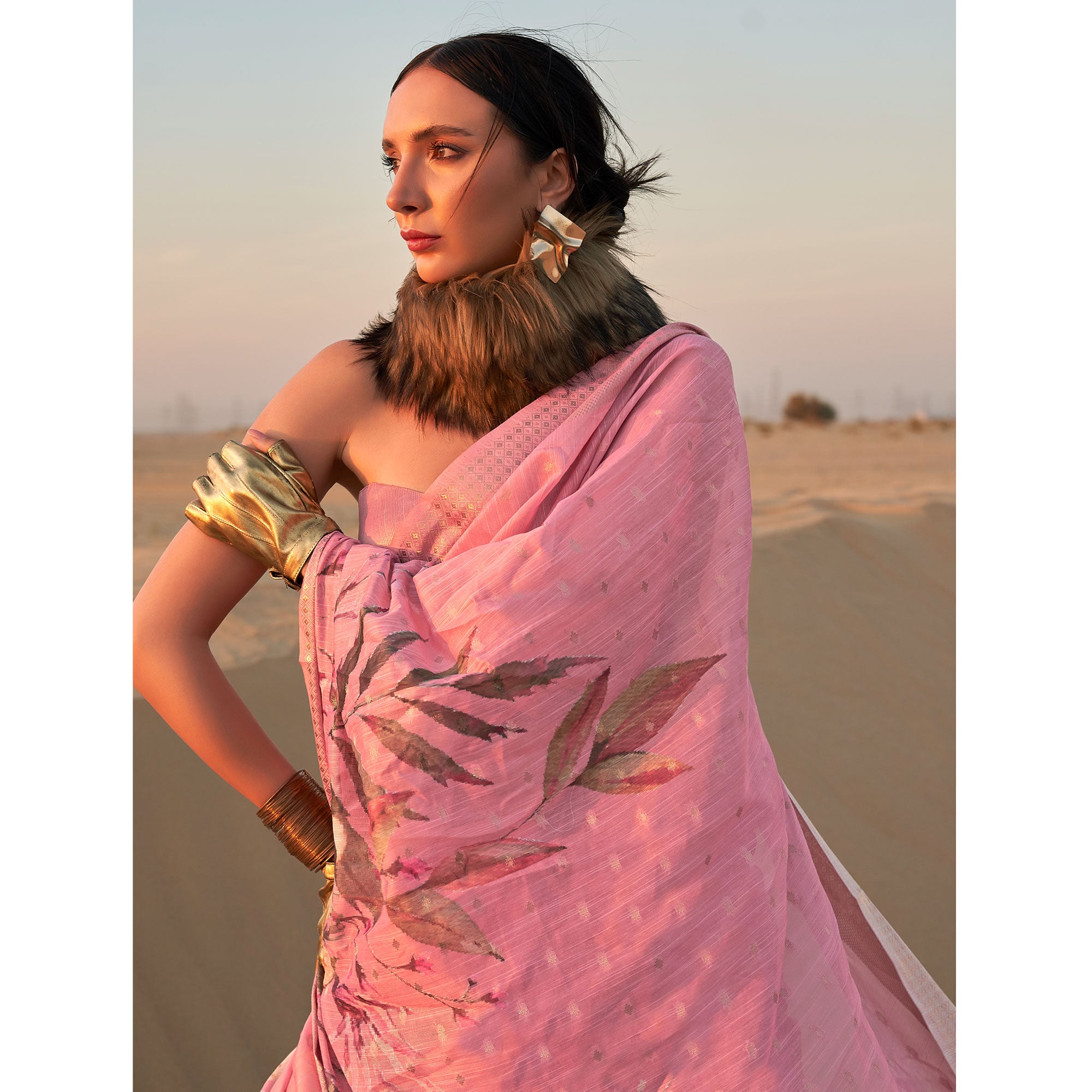 Pink Floral Digital Printed Linen Saree