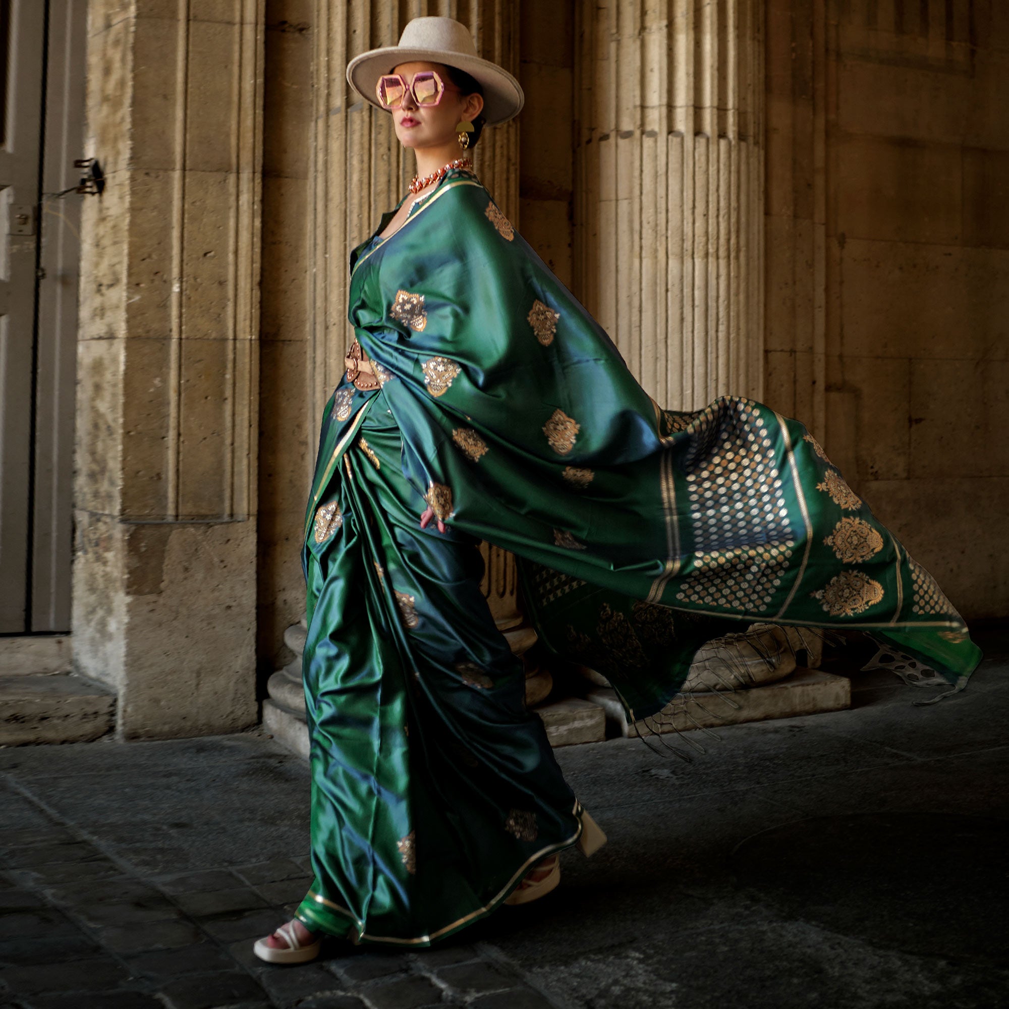 Green Floral Woven Satin Saree With Tassels