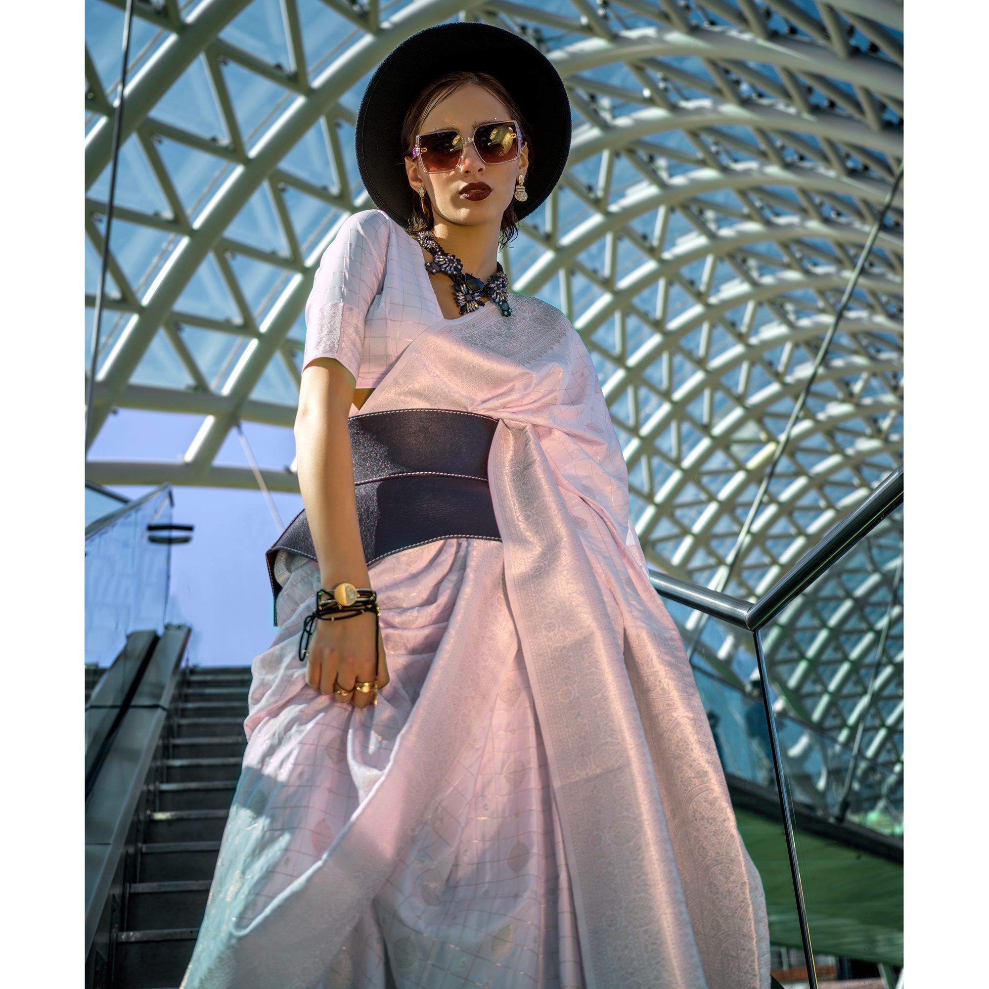 Baby Pink Woven Art Silk Saree With Tassels