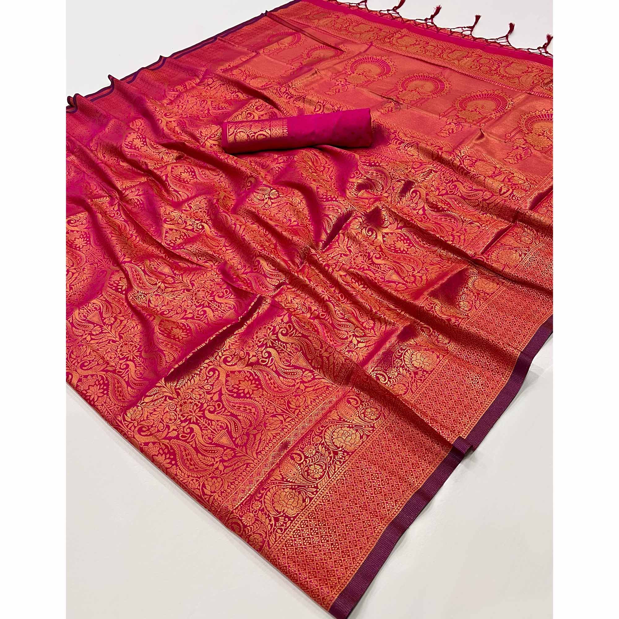 Dark Pink Pure Look Banarasi Saree with Classic Zari Brocade Weaving