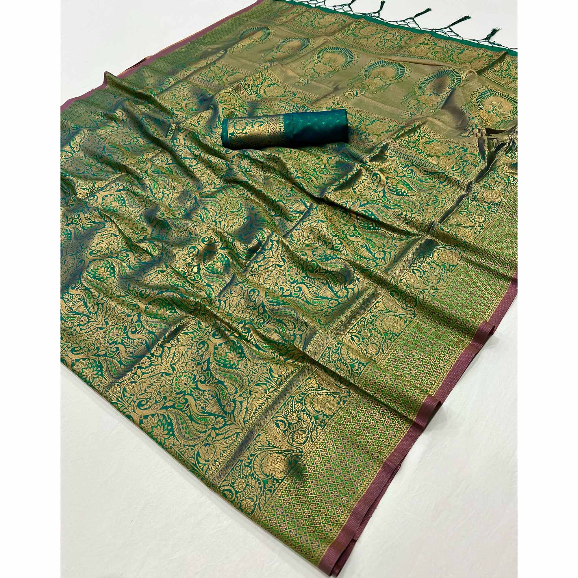 Morpich Green Pure Look Banarasi Saree with Classic Zari Brocade Weaving
