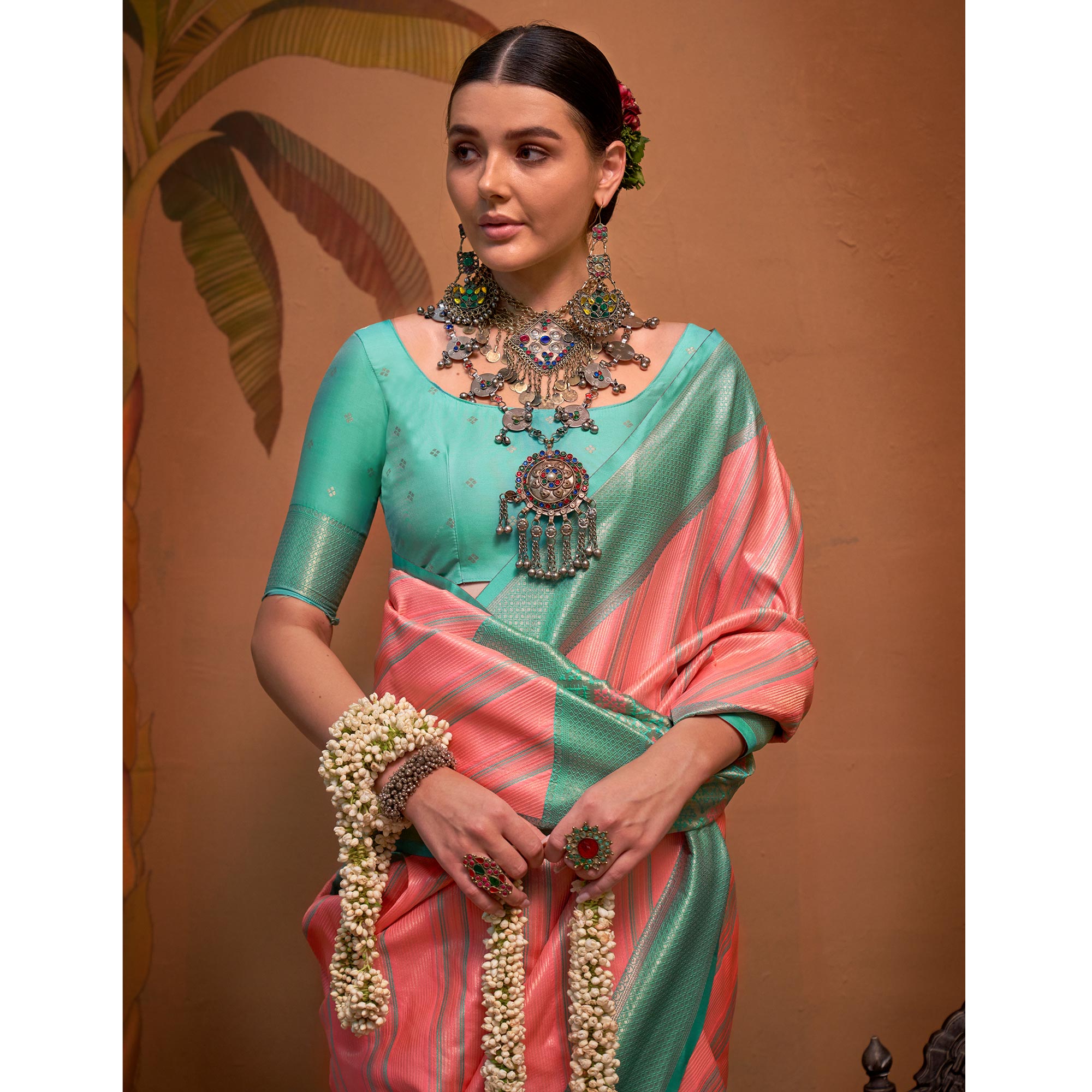 Peach Woven Art Silk Zari Saree