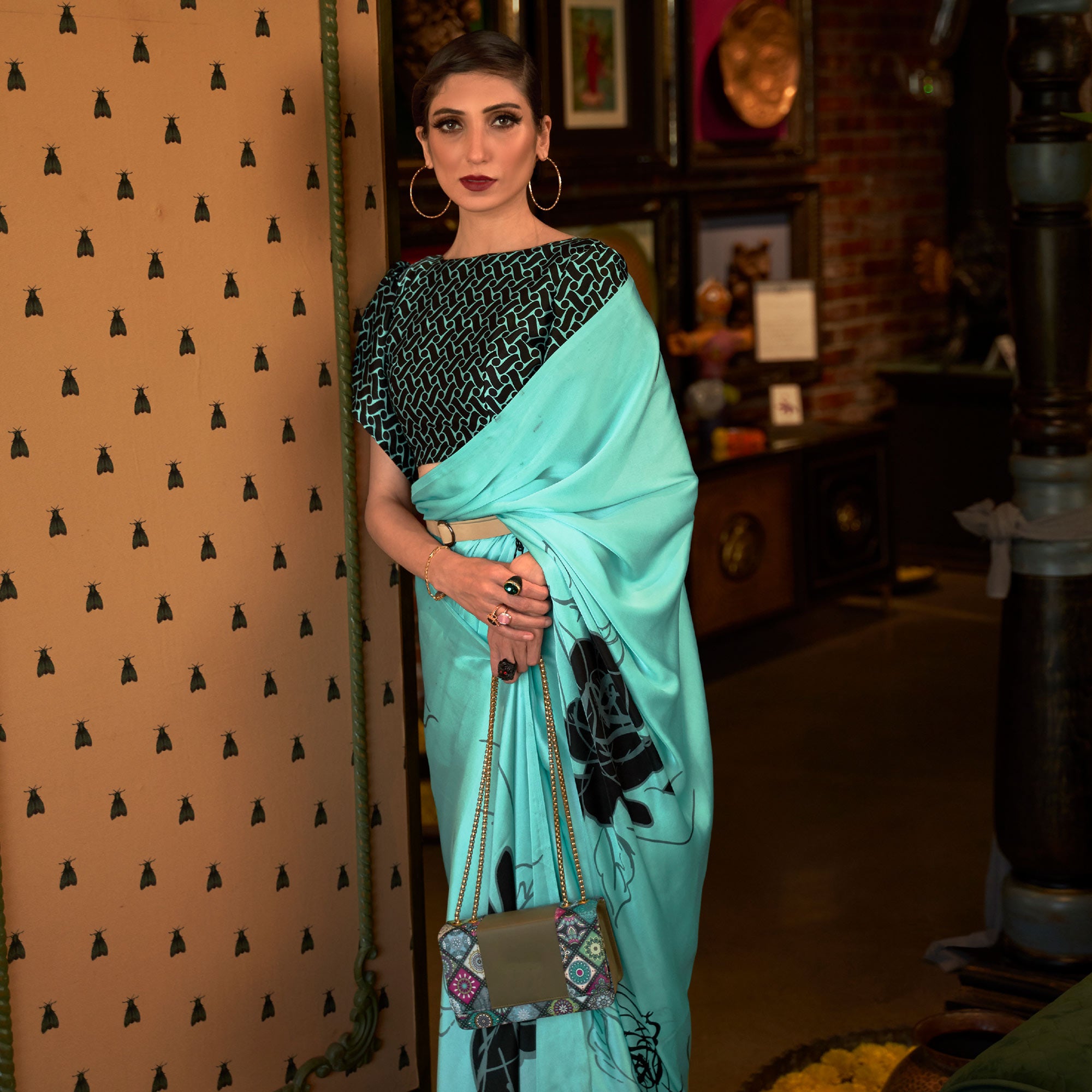 Turquoise Floral Printed Satin Saree