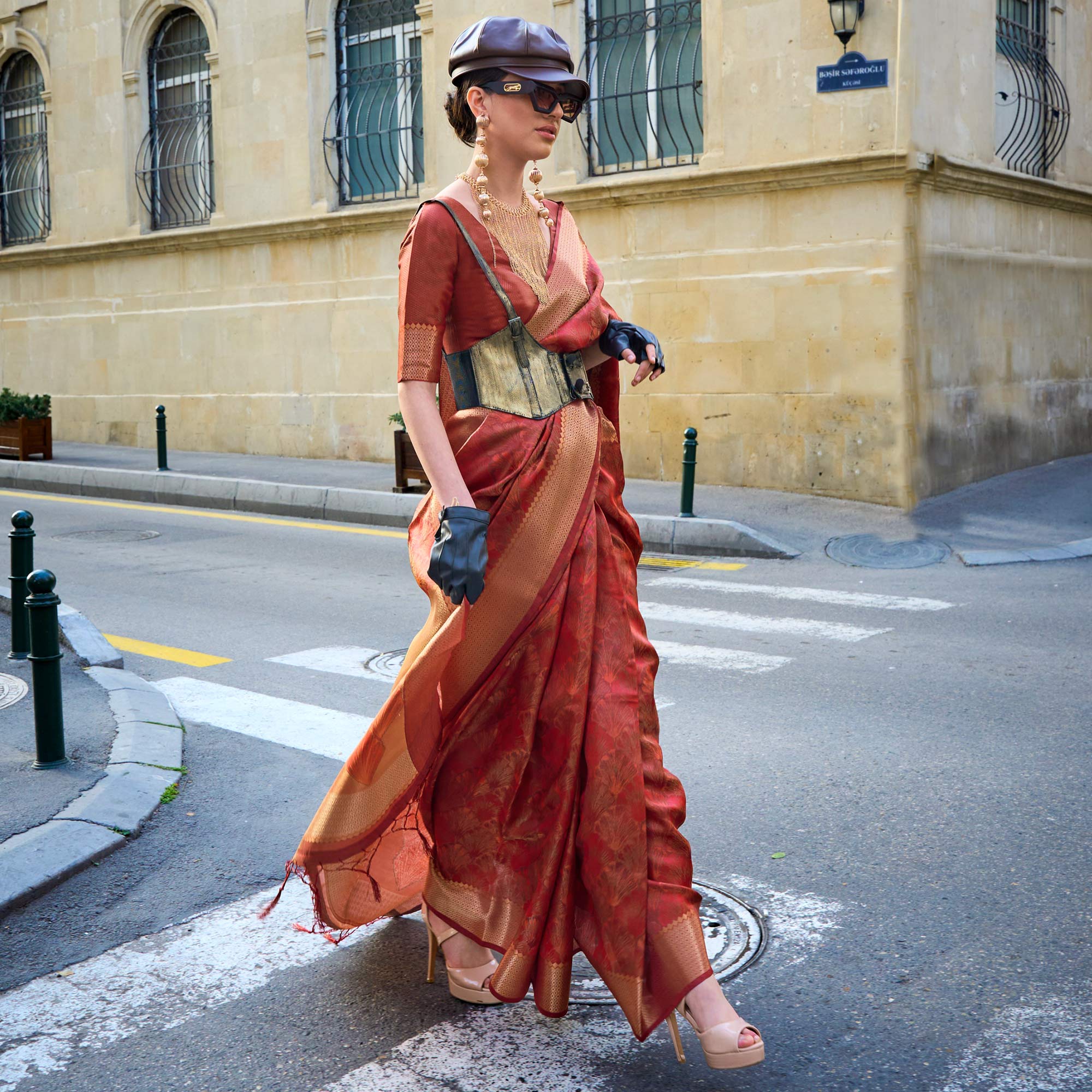 Rust Zari Woven Organza Saree Tassels