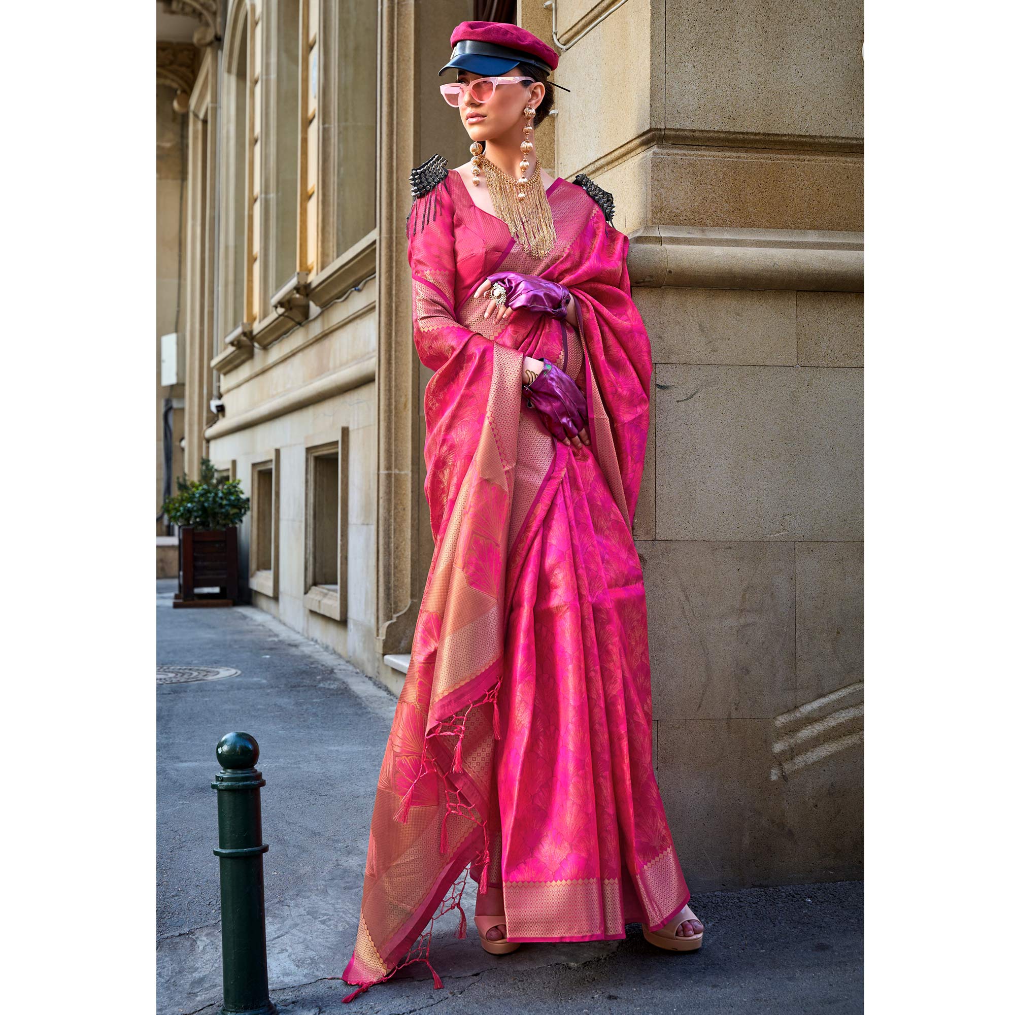 Pink Zari Woven Organza Saree Tassels