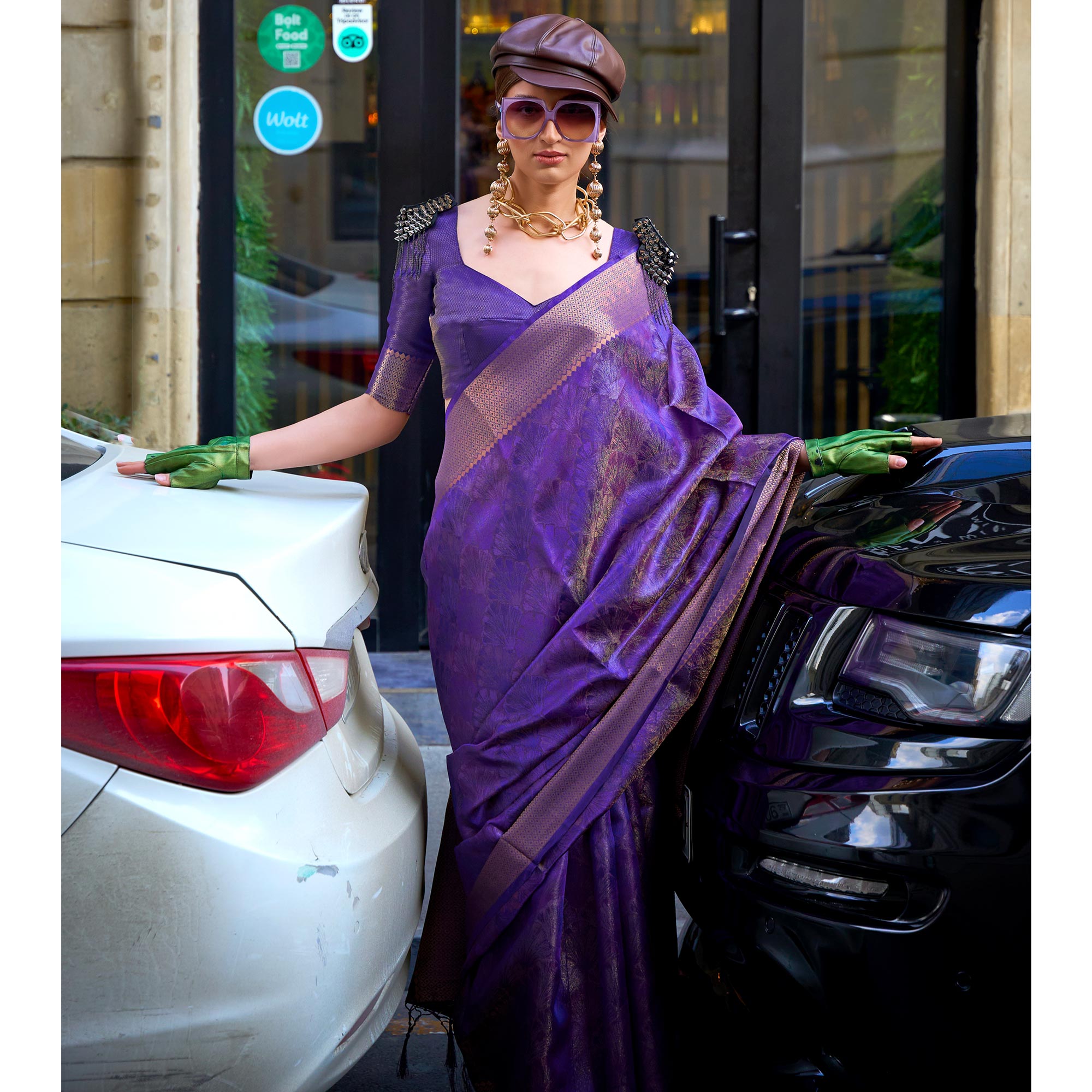 Purple Zari Woven Organza Saree Tassels