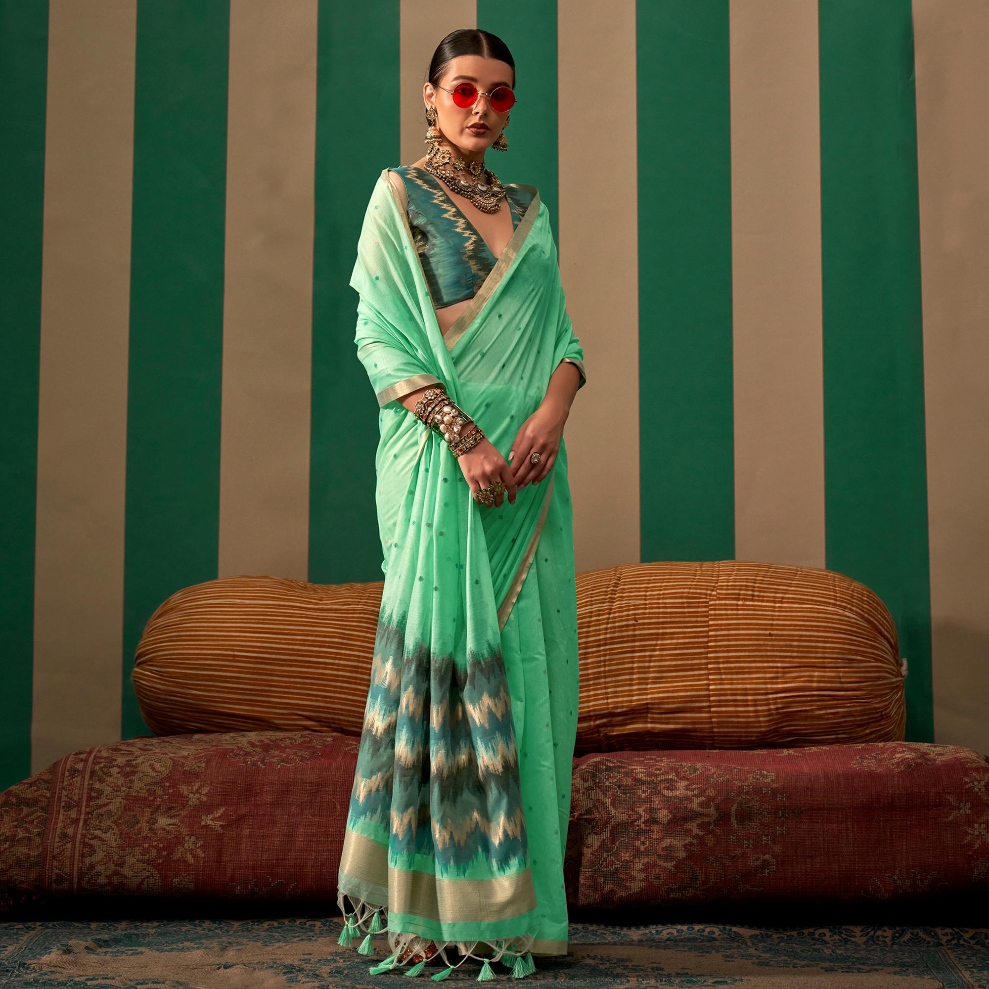 Mint Green Woven Cotton Silk Saree