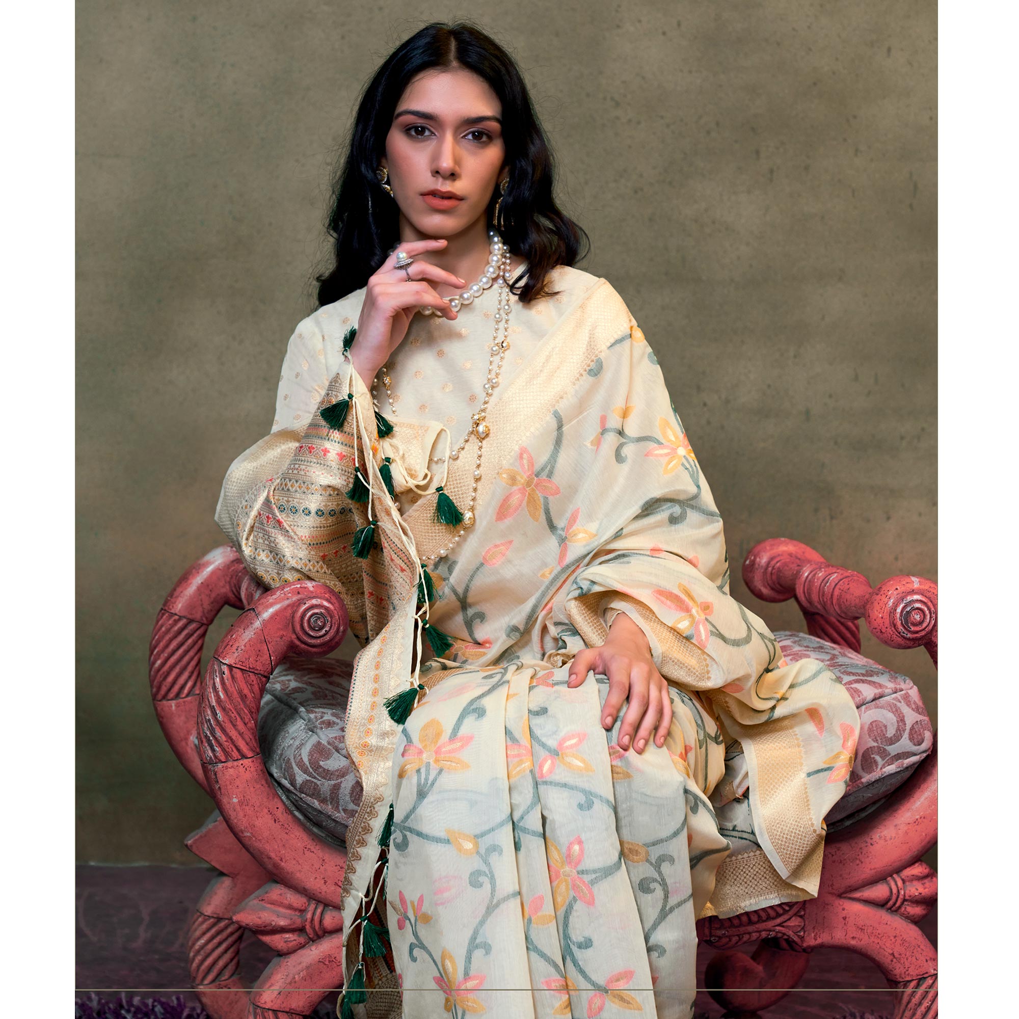 Off White Floral Woven Cotton Silk Saree With Tassels