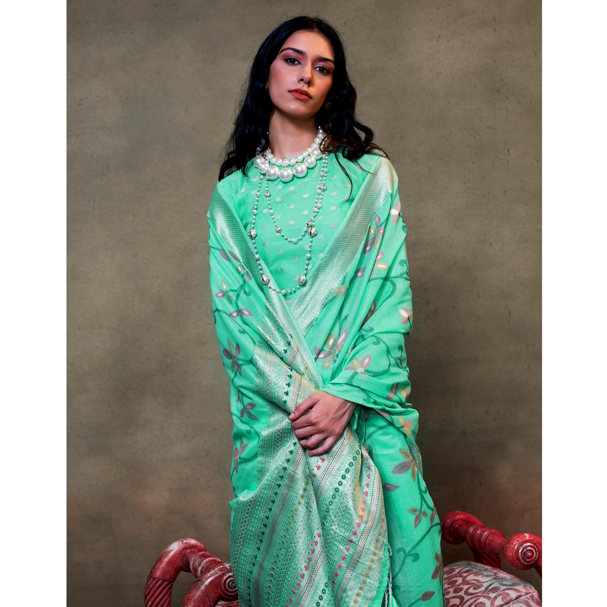Turquoise Floral Woven Cotton Silk Saree With Tassels