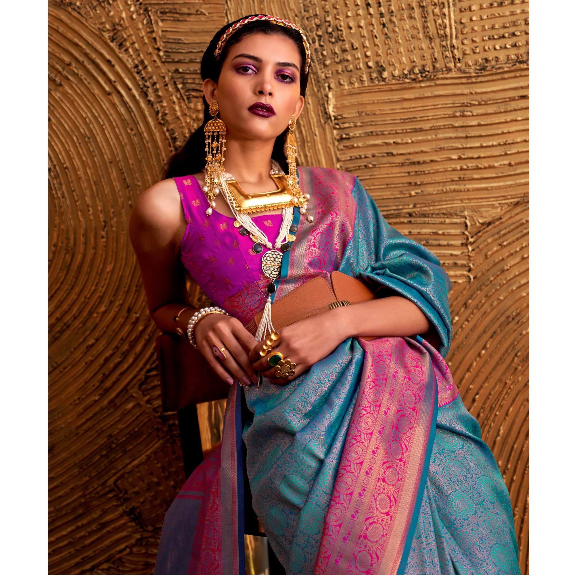 Rama Blue Floral Woven Art Silk Saree With Tassels