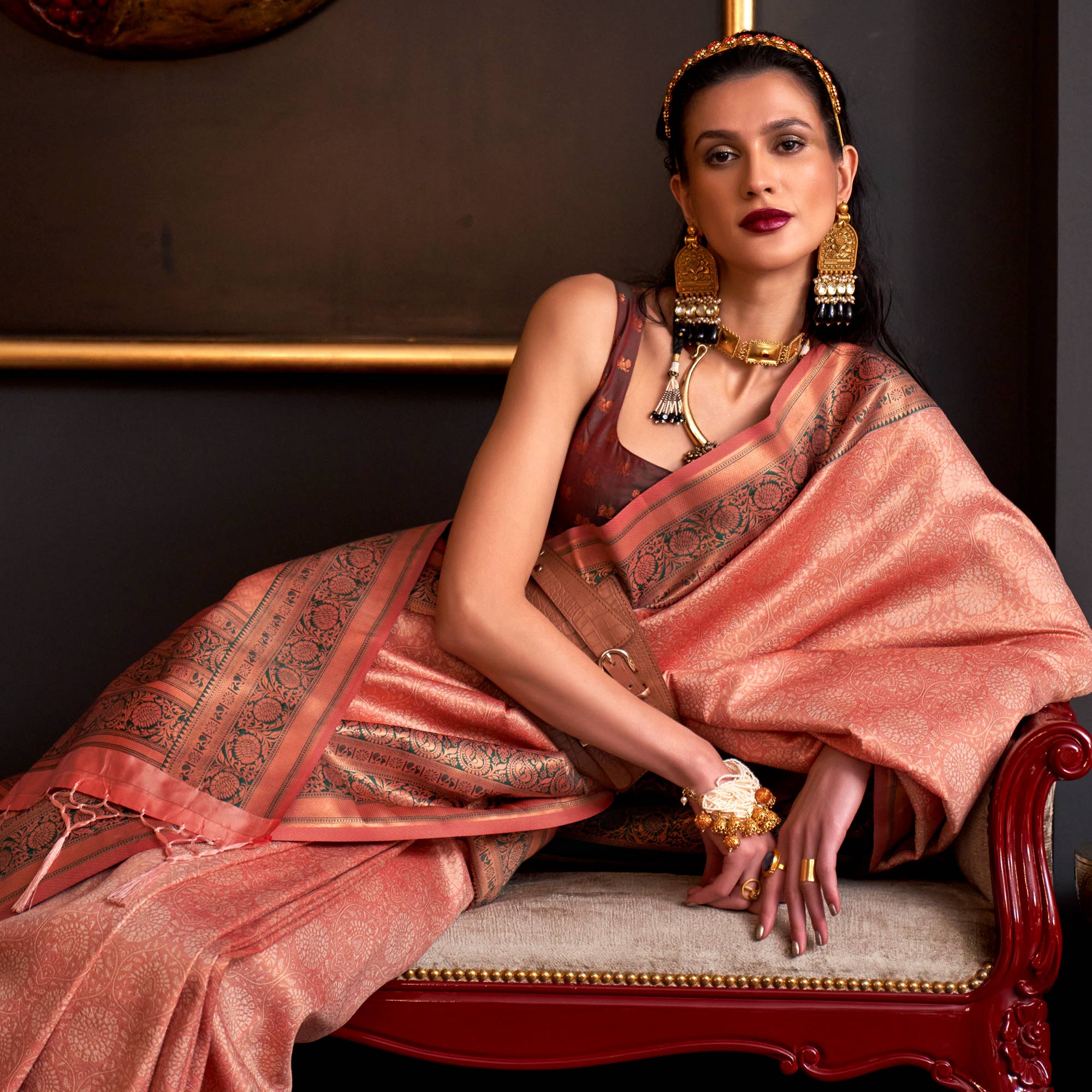 Peach Floral Woven Art Silk Saree With Tassels