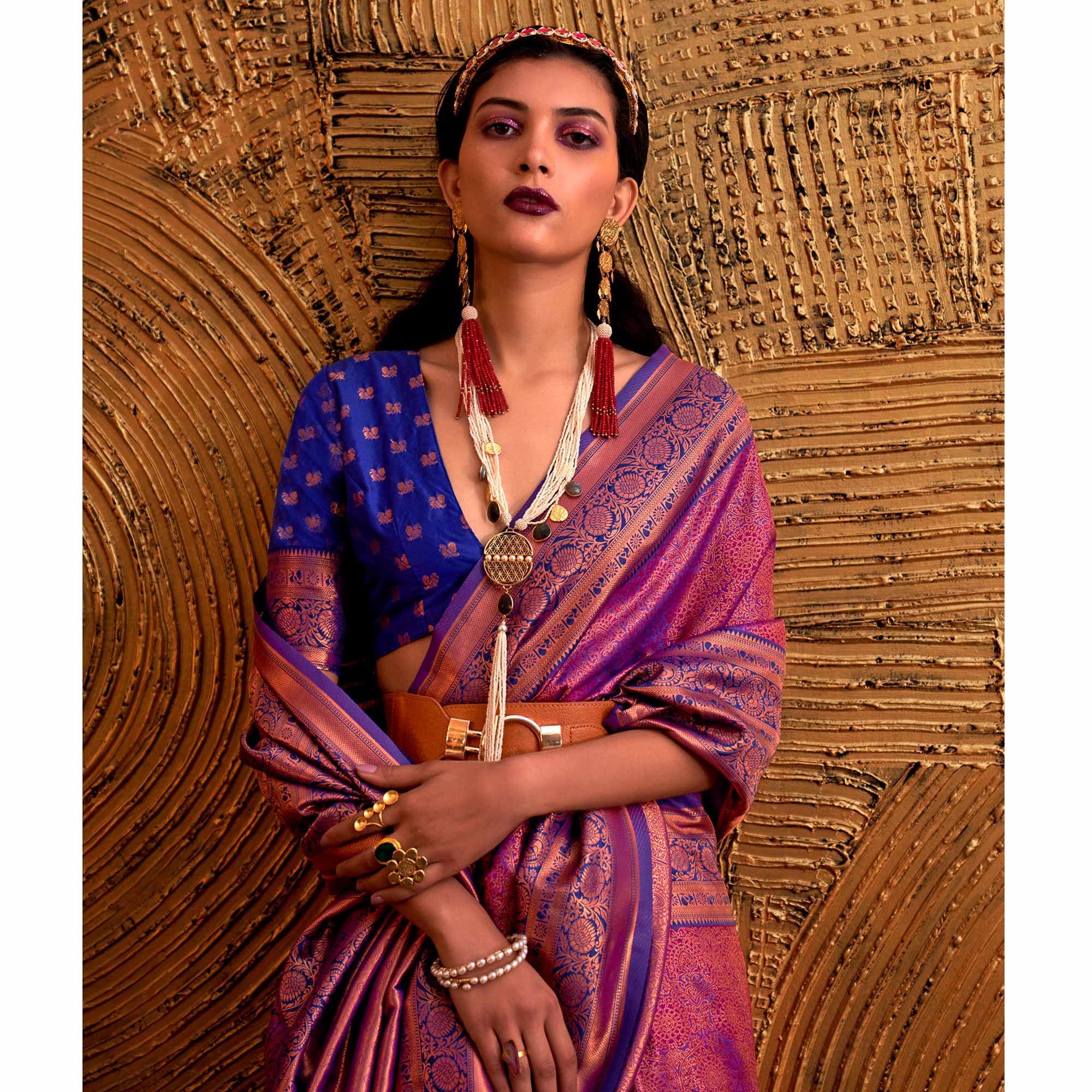 Purple Floral Woven Art Silk Saree With Tassels