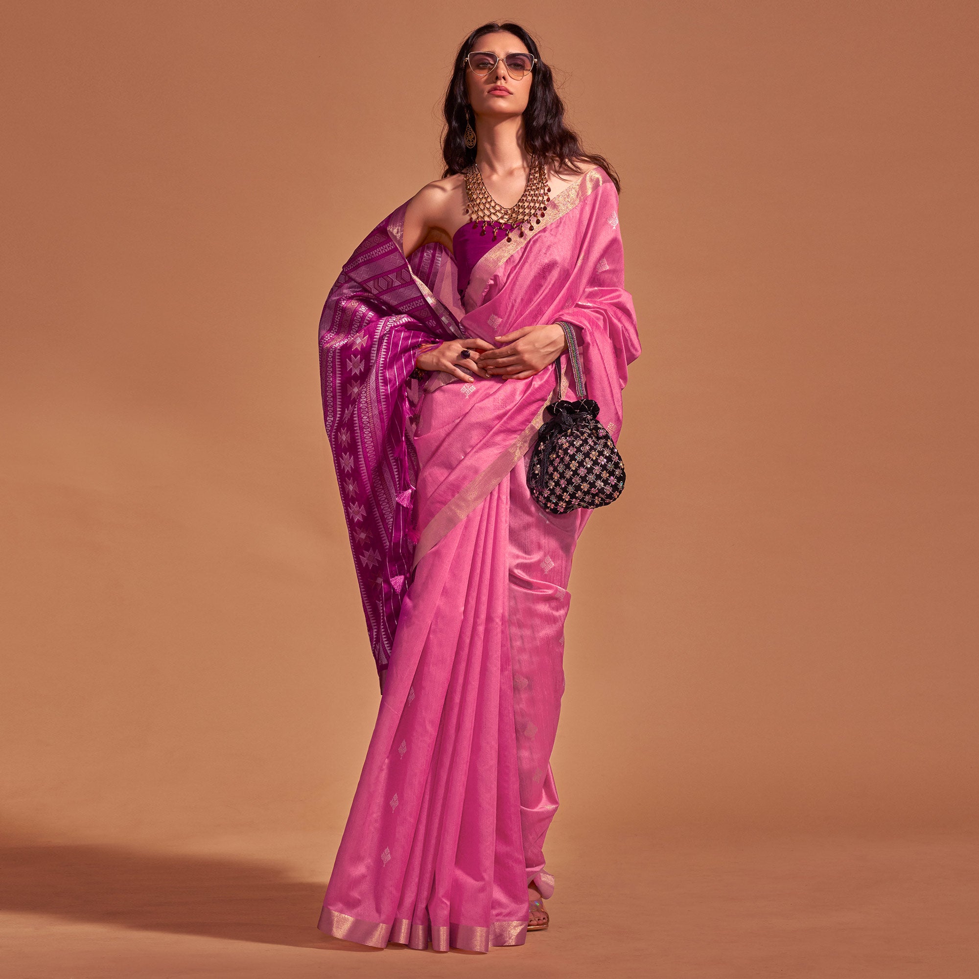 Pink Woven Art Silk Saree With Tassels