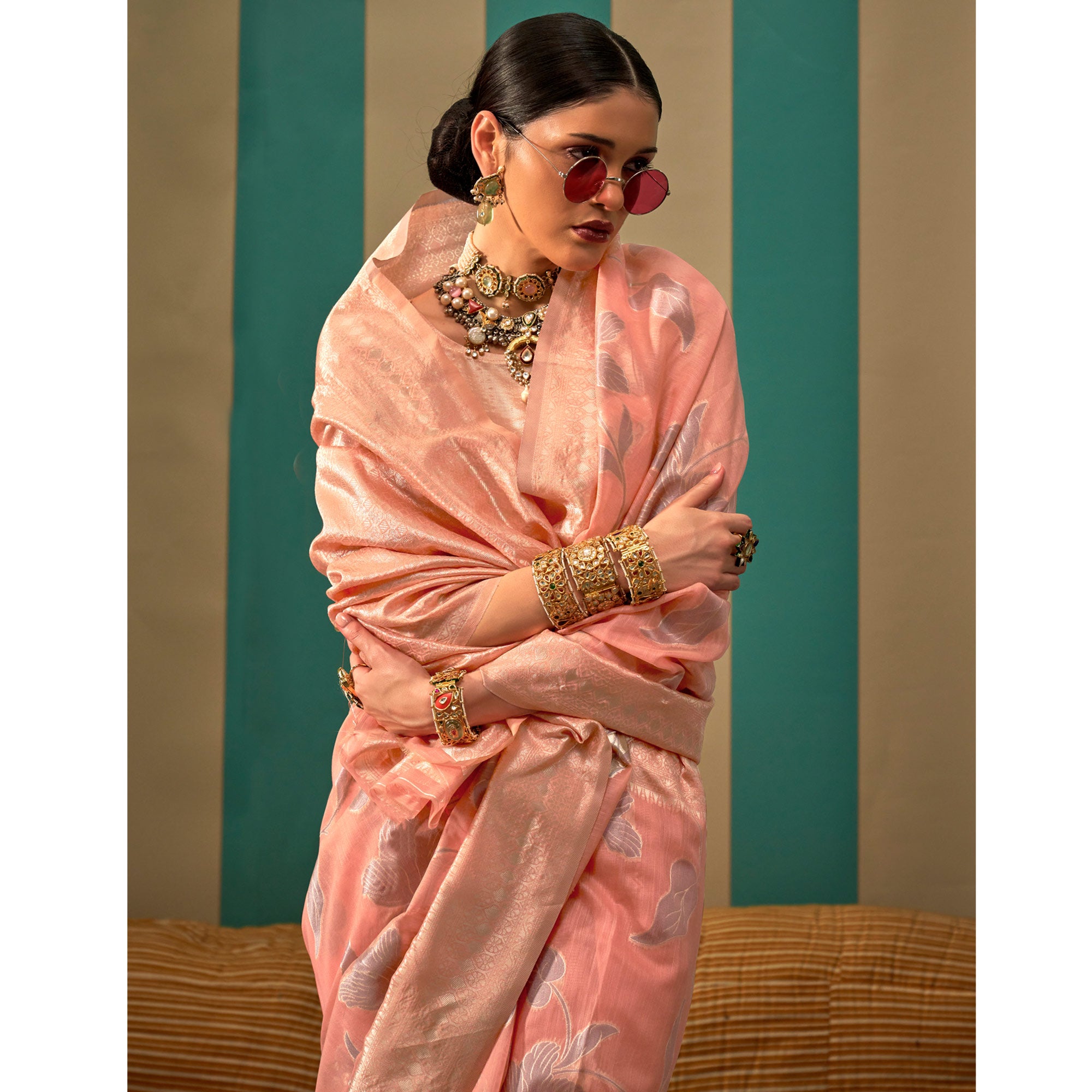 Peach Floral Woven Linen Saree With Zari Work