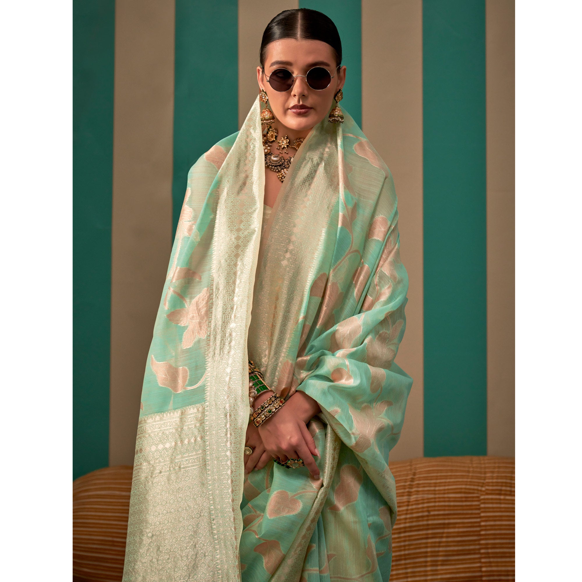 Sea Green Floral Woven Linen Saree With Zari Work