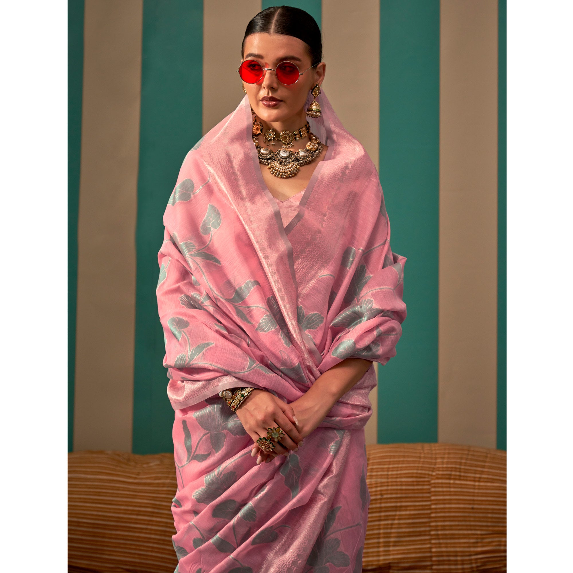 Pink Floral Woven Linen Saree With Zari Work