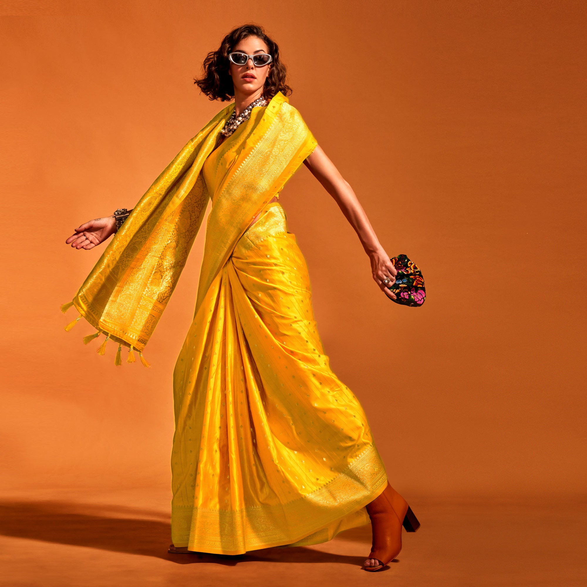 Yellow Woven Zari Border Satin Saree With Tassels