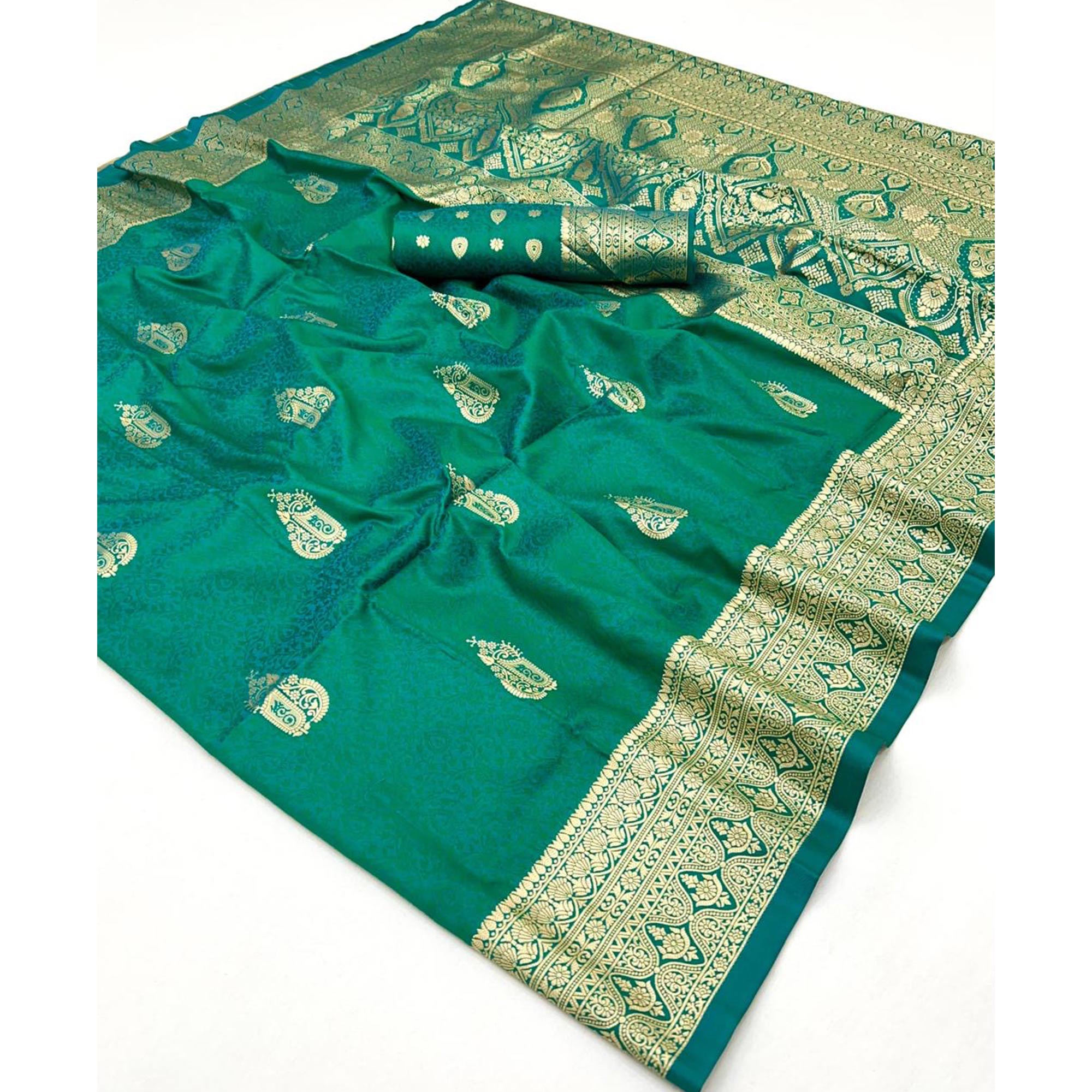 Rama Green Floral Zari Weaving Banarasi Silk Saree