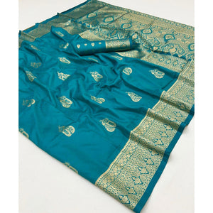 Rama Blue Floral Zari Weaving Banarasi Silk Saree