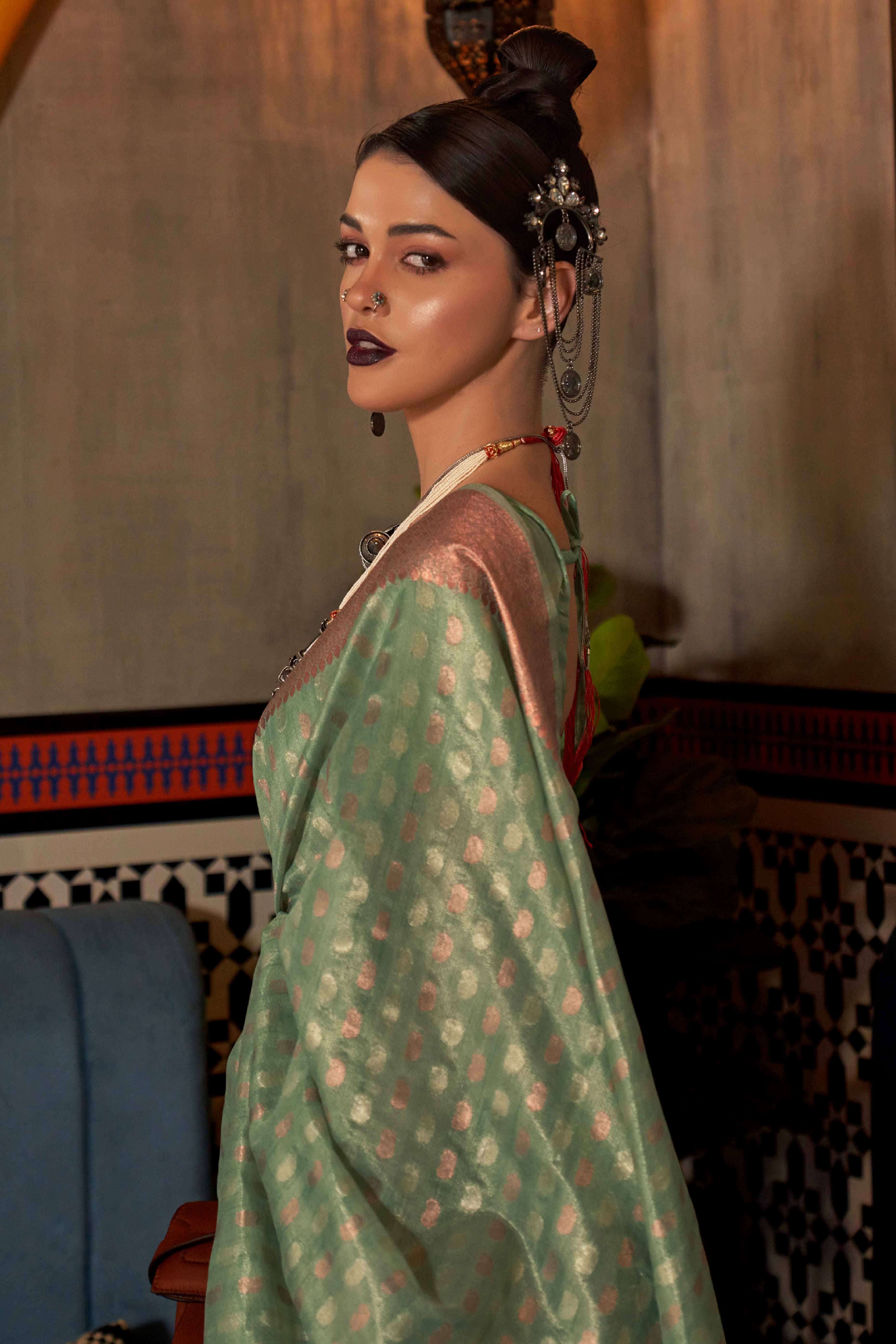 Sea Green Handloom Zari Woven Tissue Saree