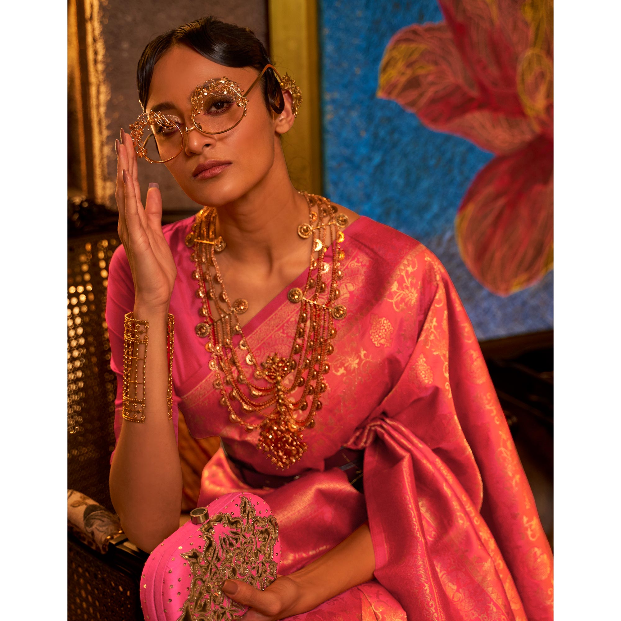 Orange & Pink Floral Woven Art Silk Saree