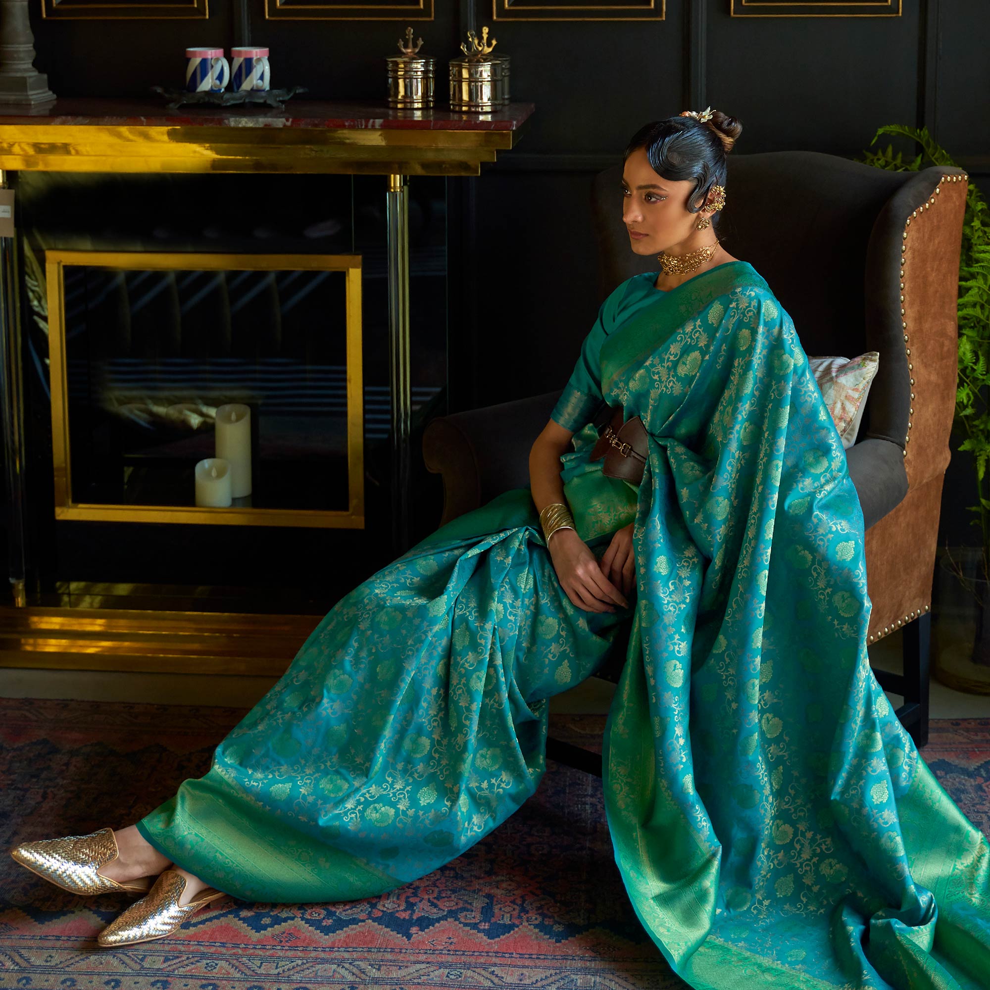 Rama Blue & Green Floral Woven Art Silk Saree