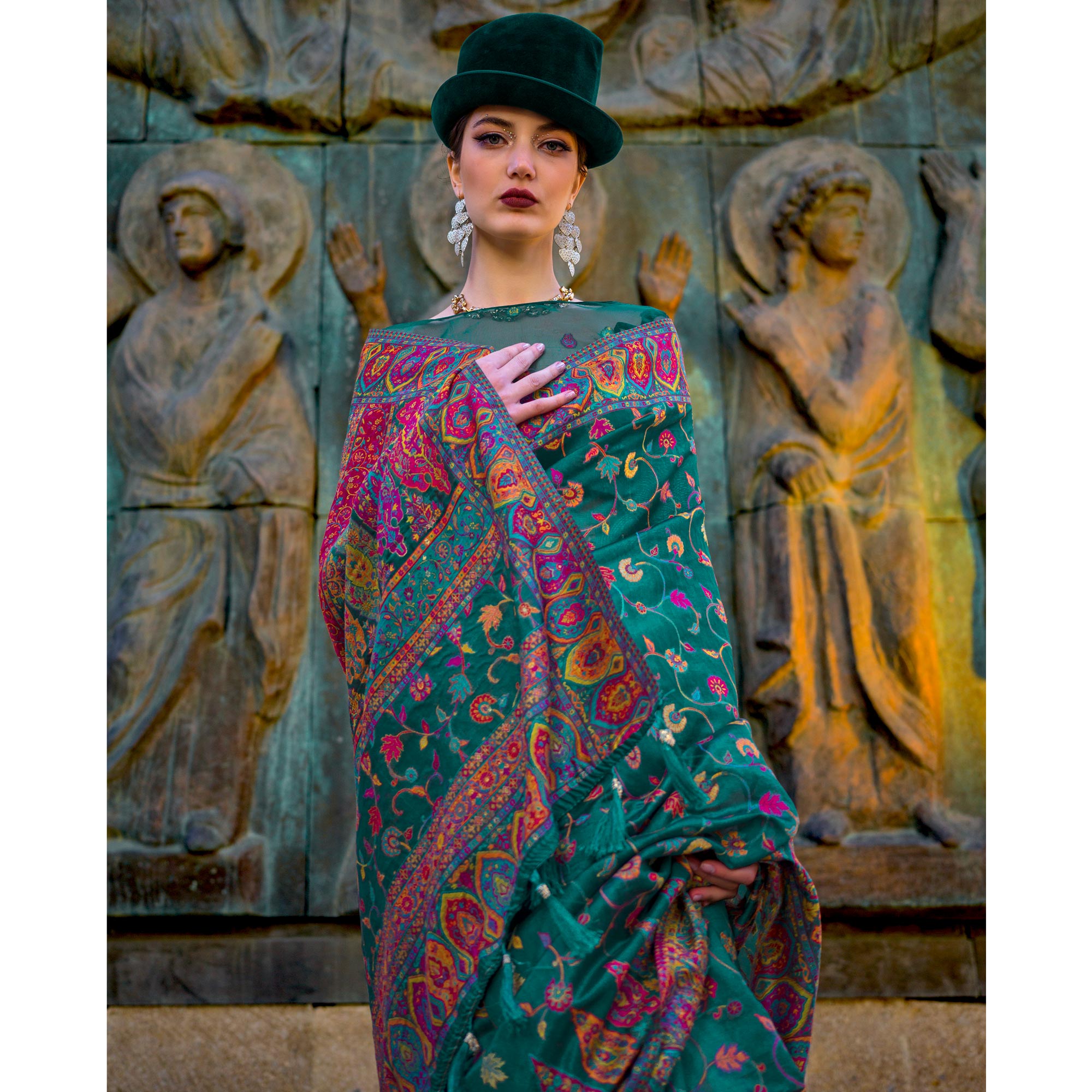 Green Woven Kashmiri Organza Saree With Tassels