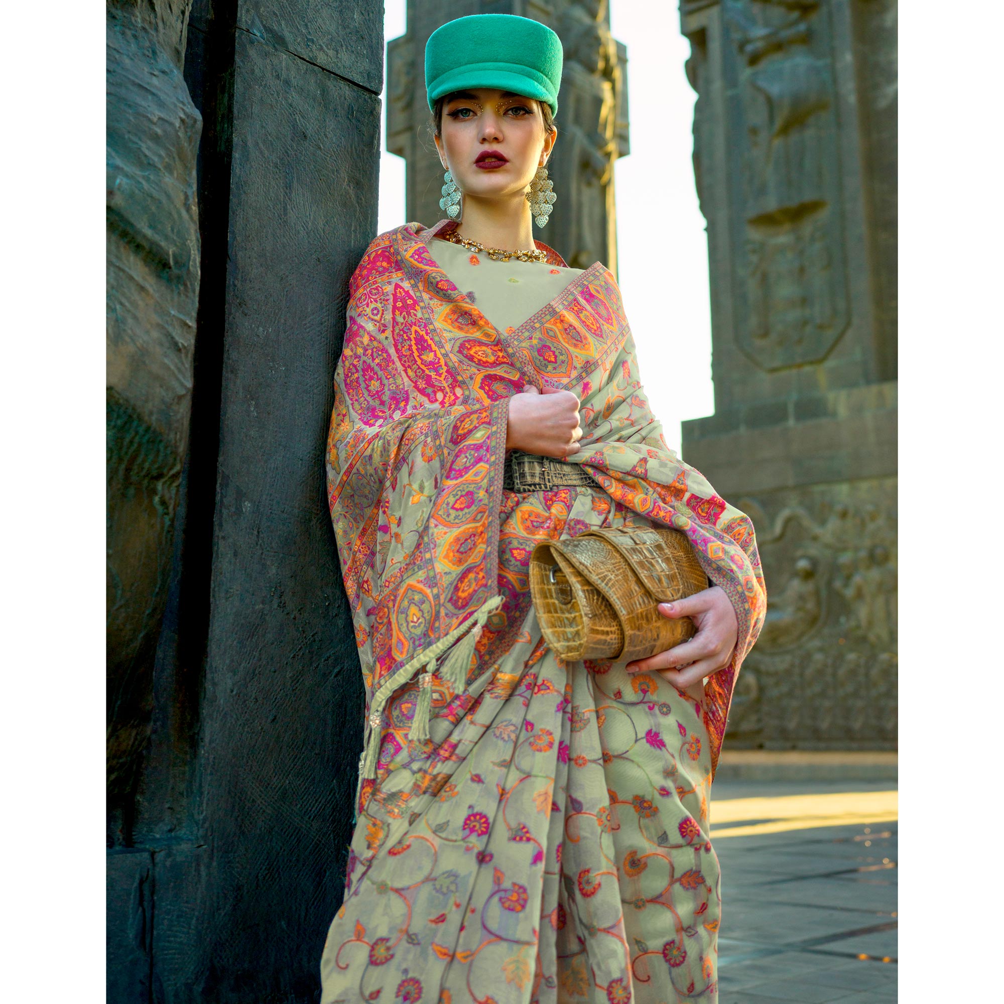 Pista Green Woven Kashmiri Organza Saree With Tassels