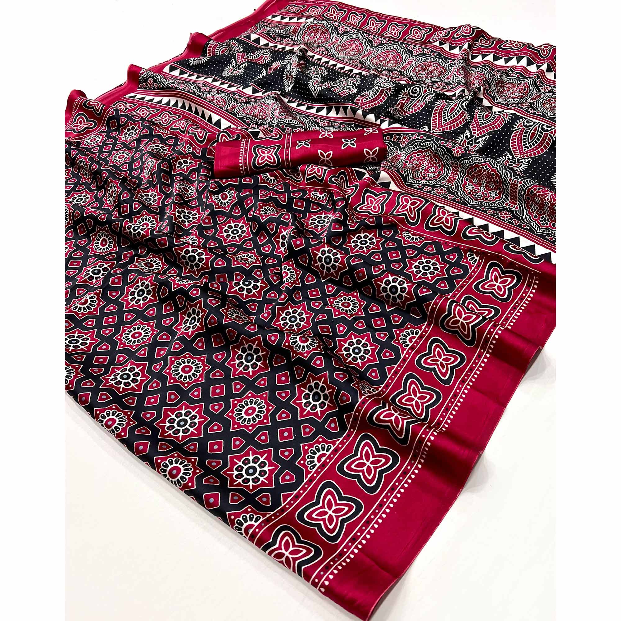 Classic Maroon Saree with Timeless Ajrakh Designs on Satin Crepe