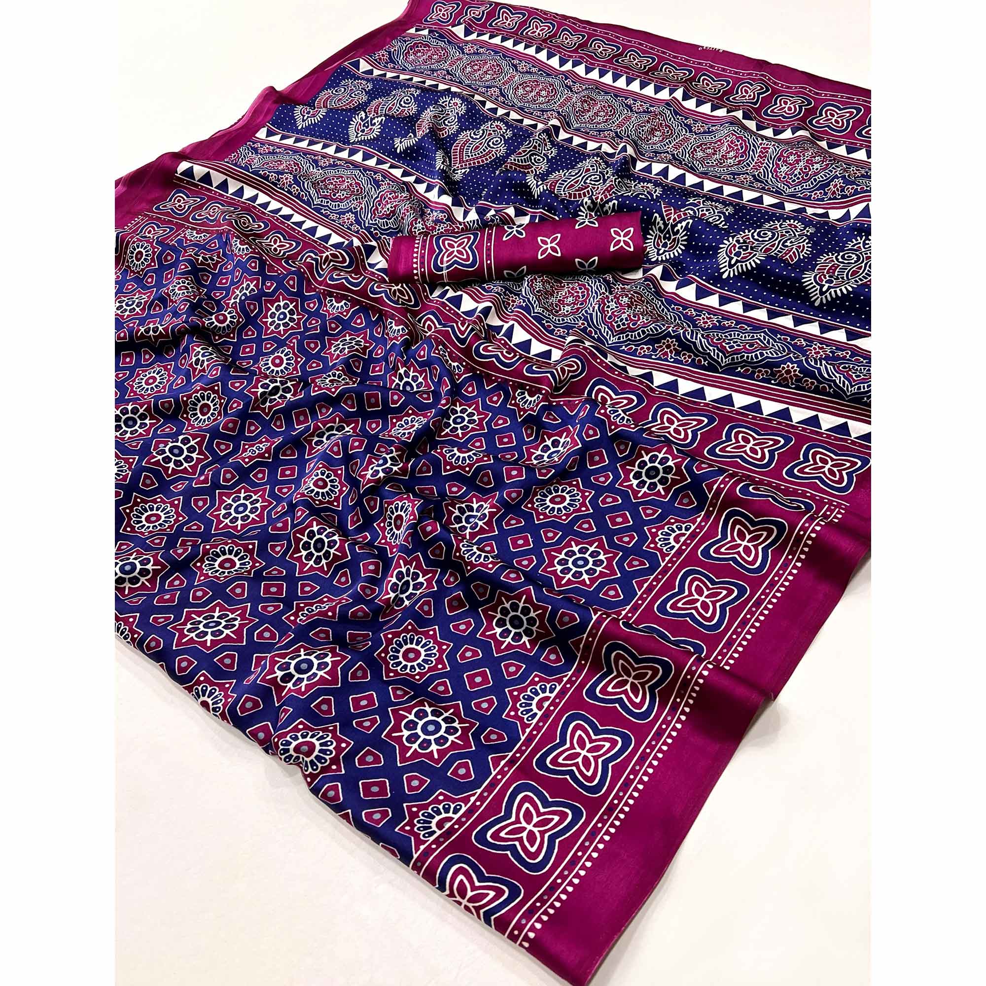 Classic Purple Saree with Timeless Ajrakh Designs on Satin Crepe