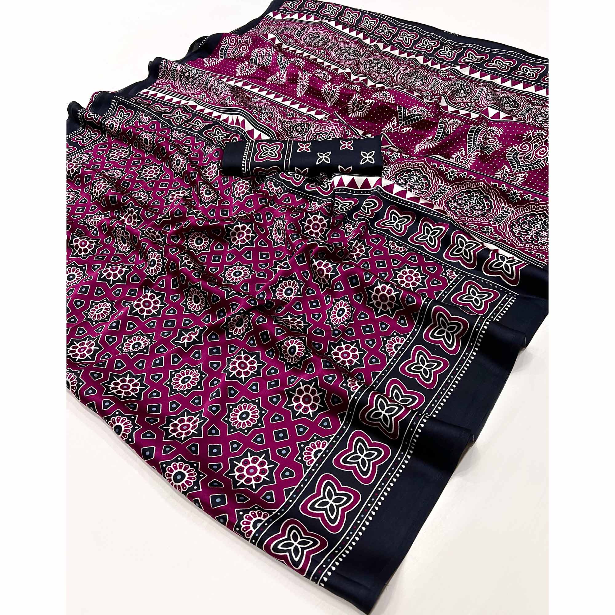 Classic Deep Purple Saree with Timeless Ajrakh Designs on Satin Crepe