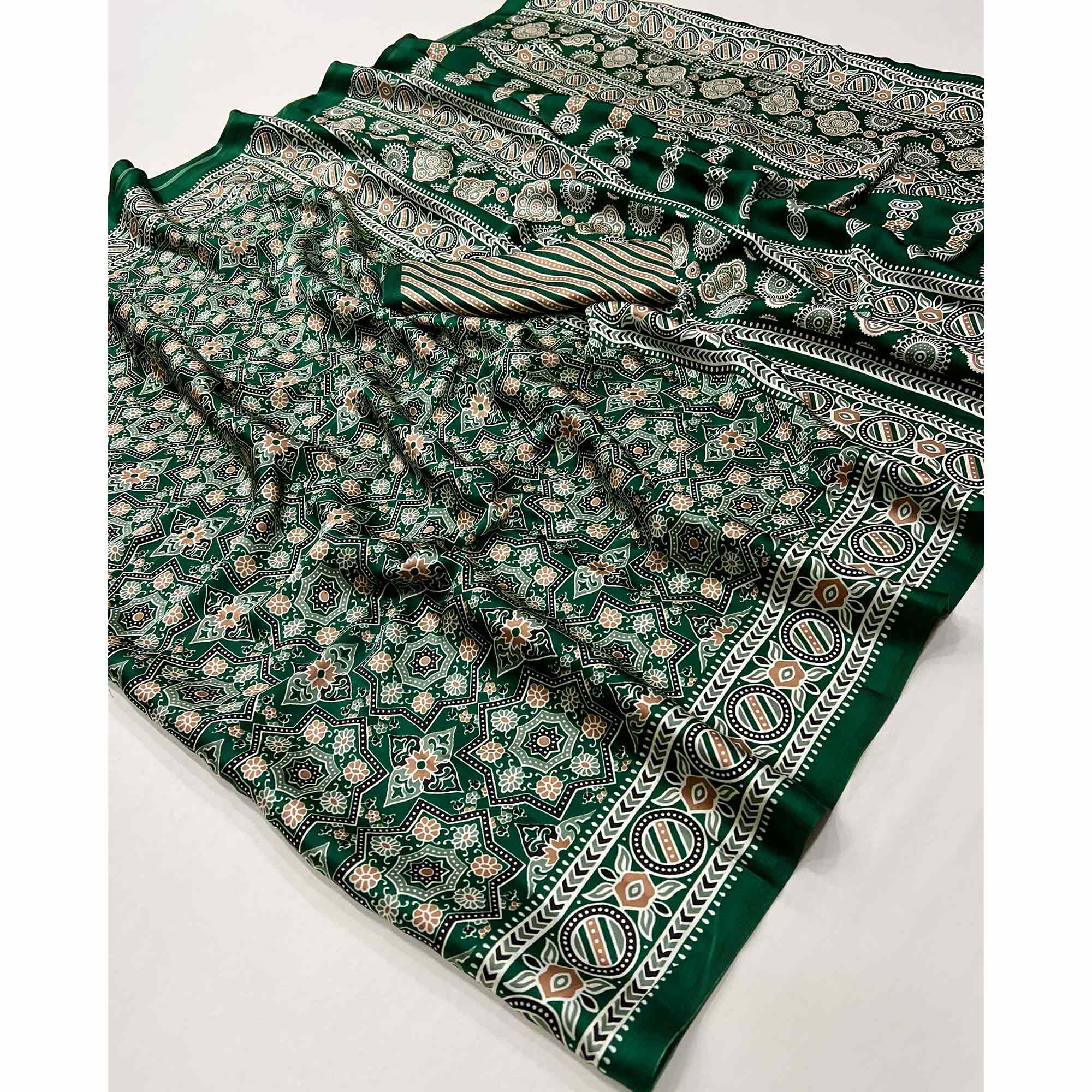 Classic Bottle Green Saree with Timeless Ajrakh Designs on Satin Crepe