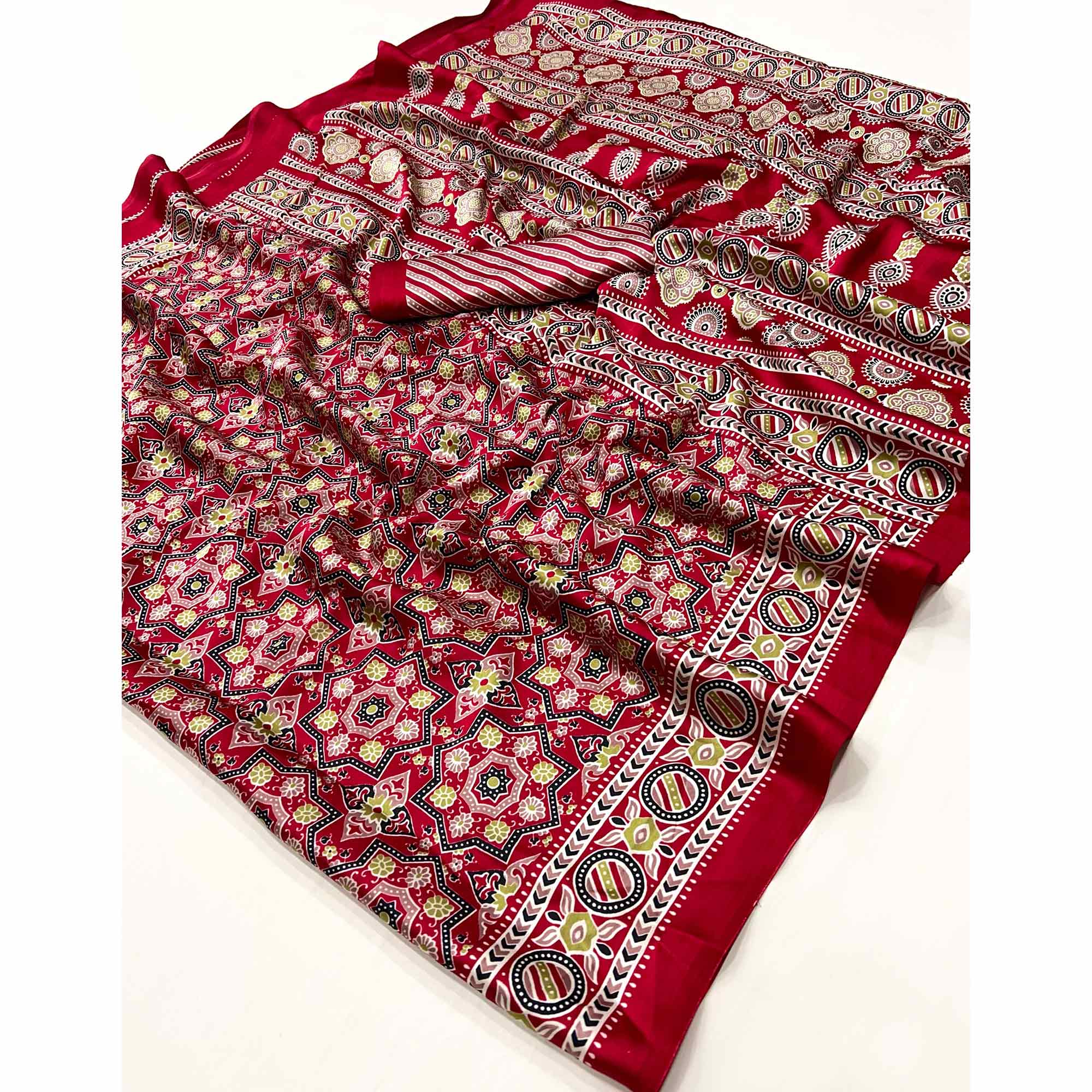 Classic Red Saree with Timeless Ajrakh Designs on Satin Crepe