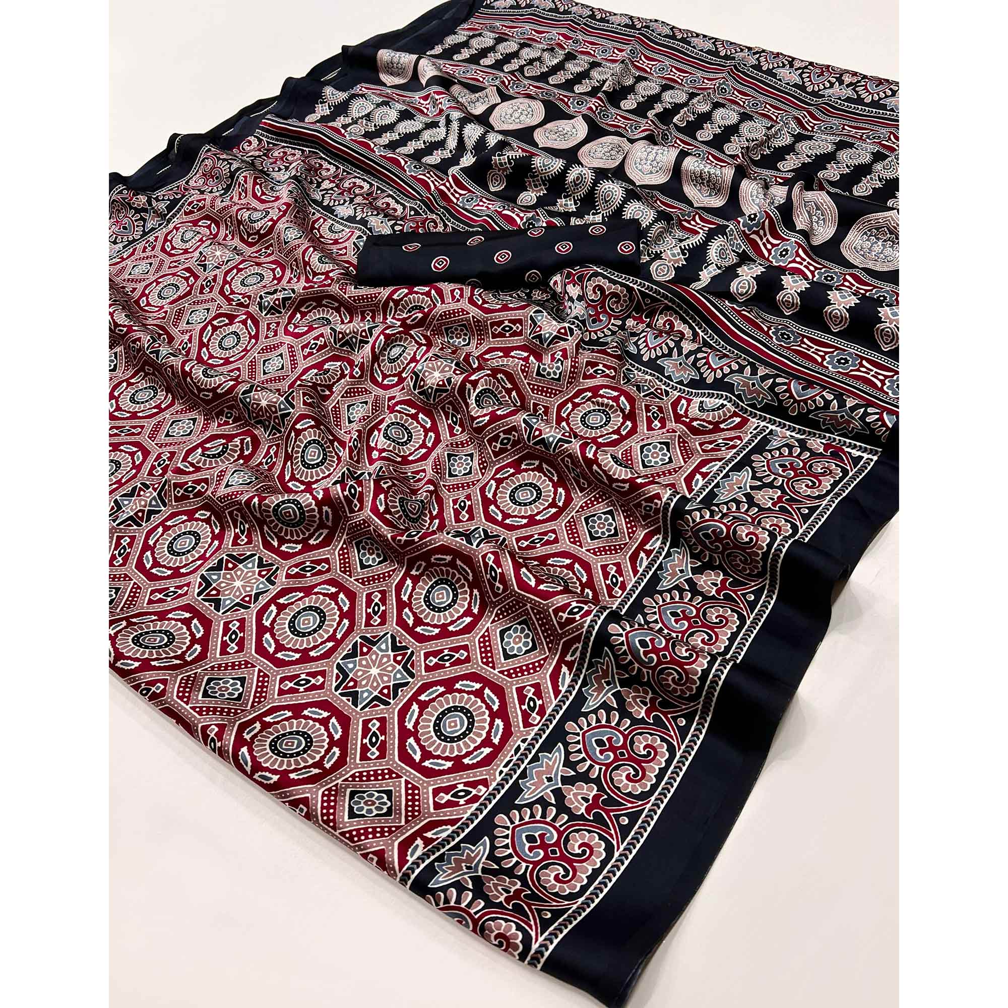 Classic Maroon & Black Saree with Timeless Ajrakh Designs on Satin Crepe