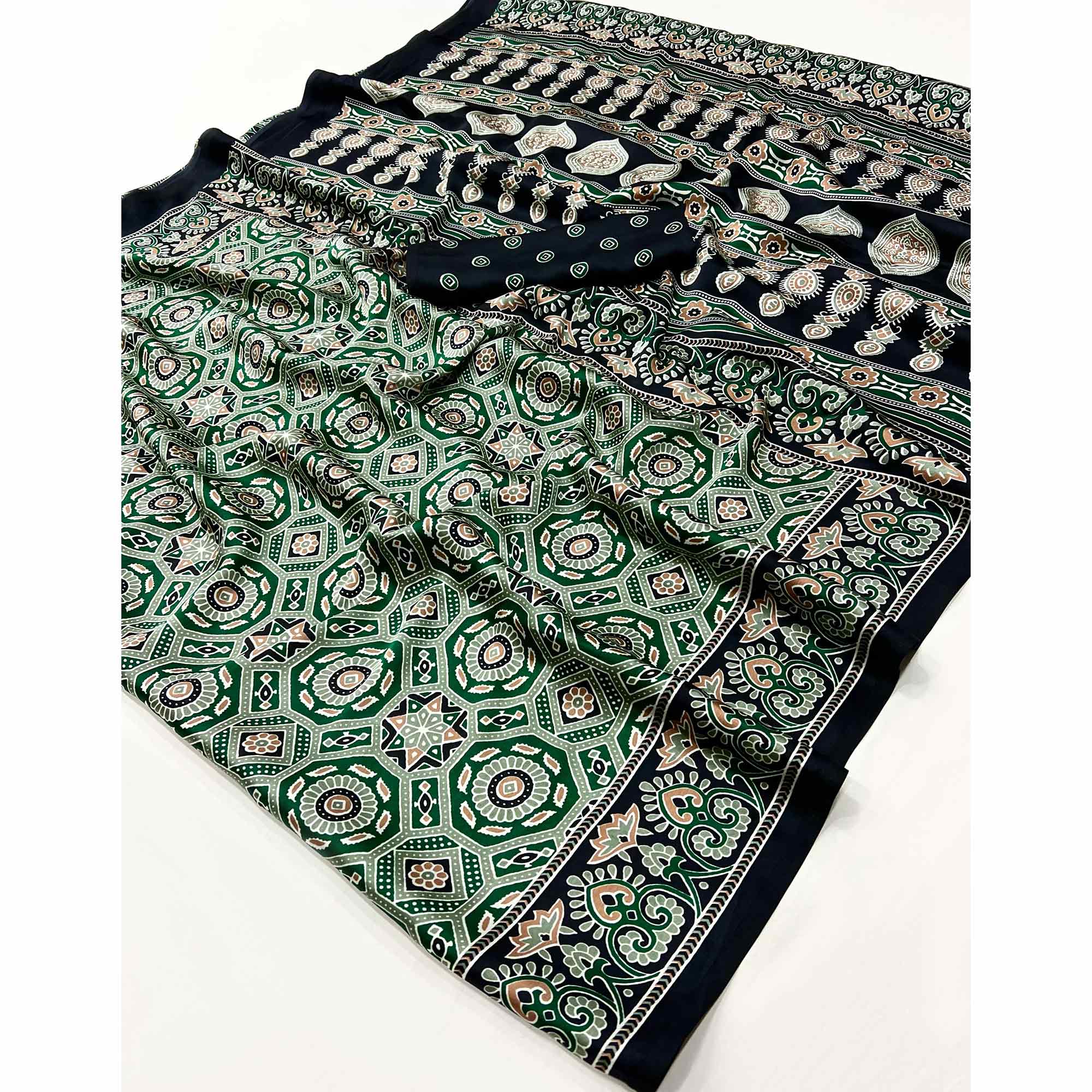 Classic Green & Black Saree with Timeless Ajrakh Designs on Satin Crepe