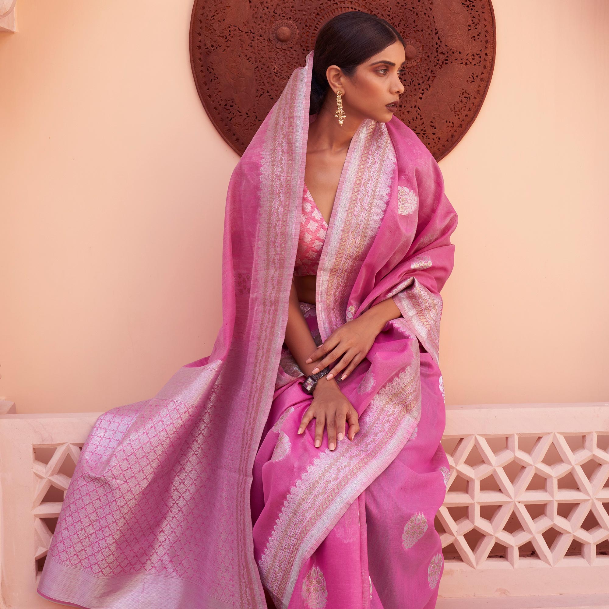 Pink Woven Linen Saree