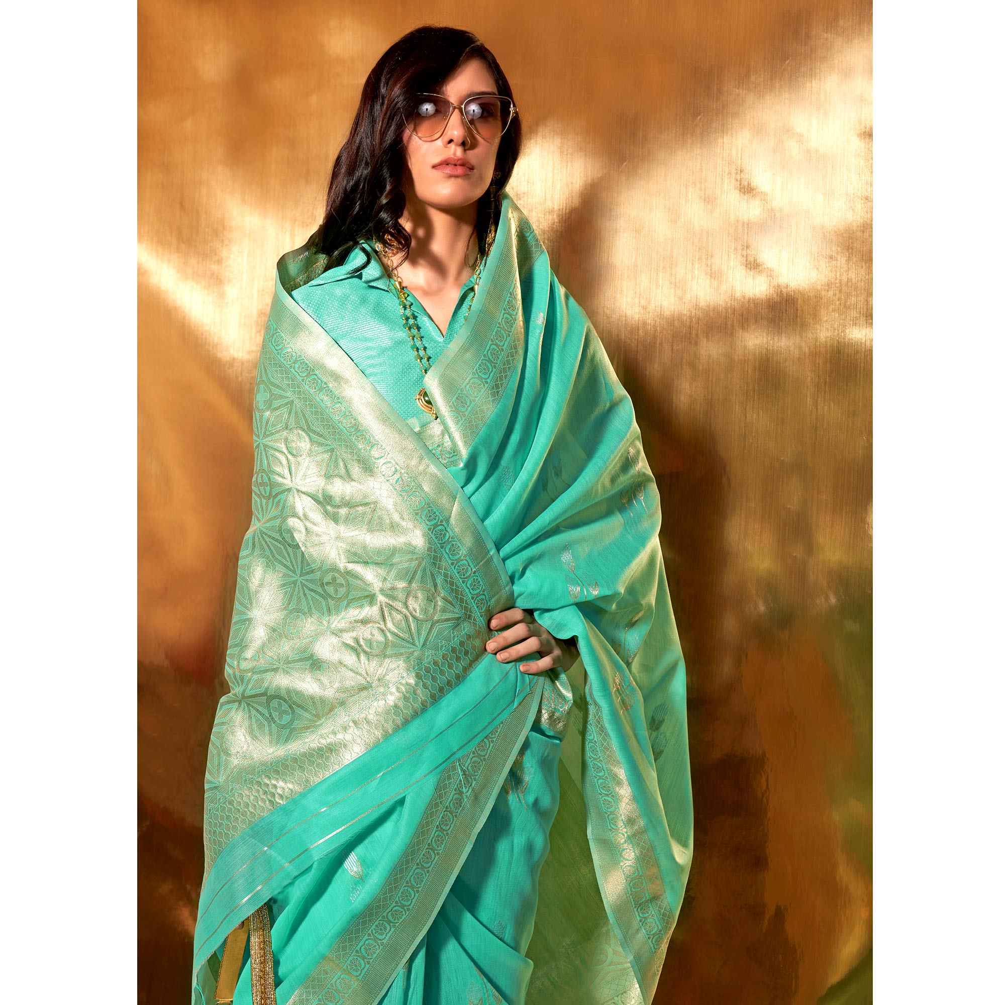 Turquoise Zari Woven Linen Saree