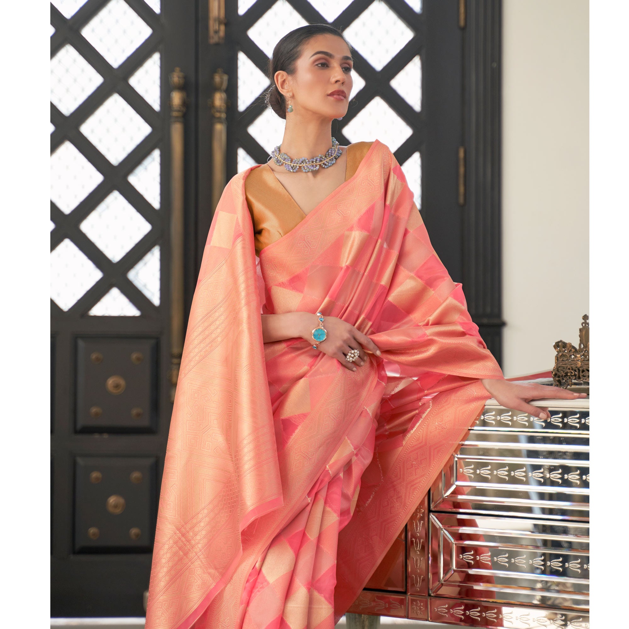 Peach Woven Organza Saree