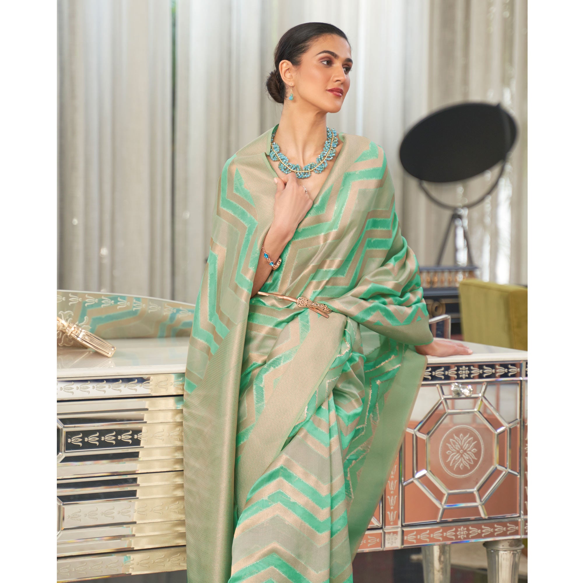Turquoise Woven Organza Saree