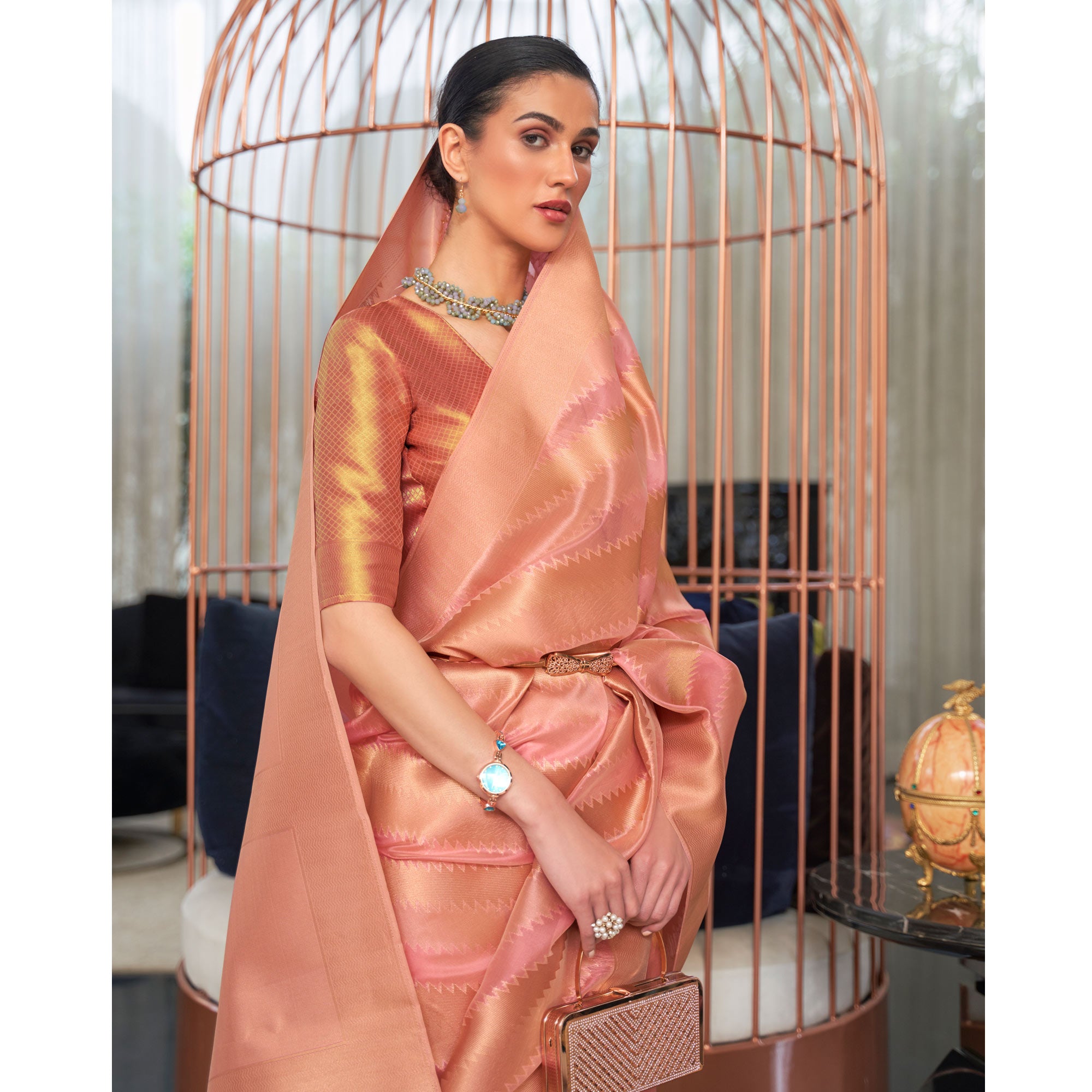 Pink Woven Organza Saree