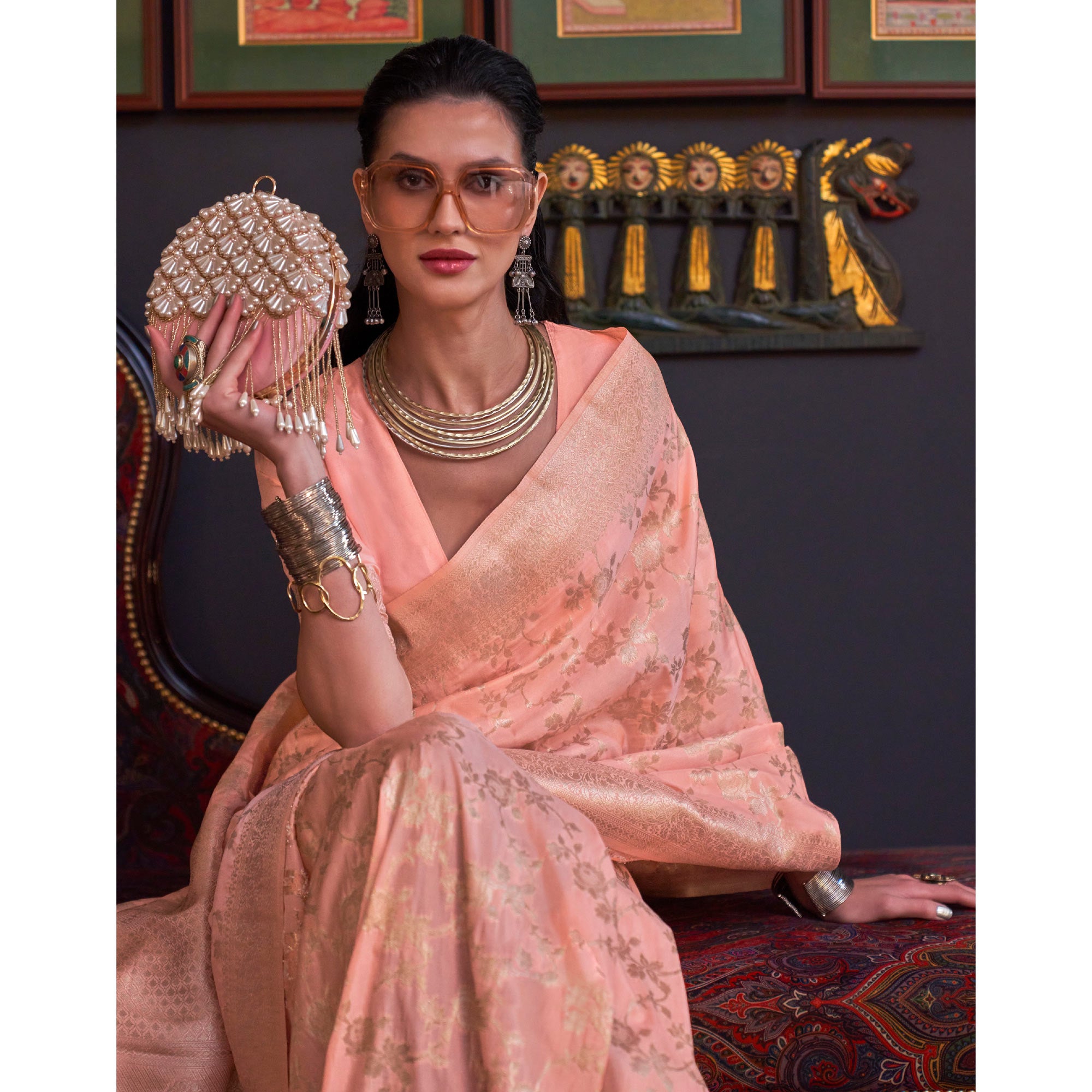 Peach Woven Art Silk Saree With Tassels