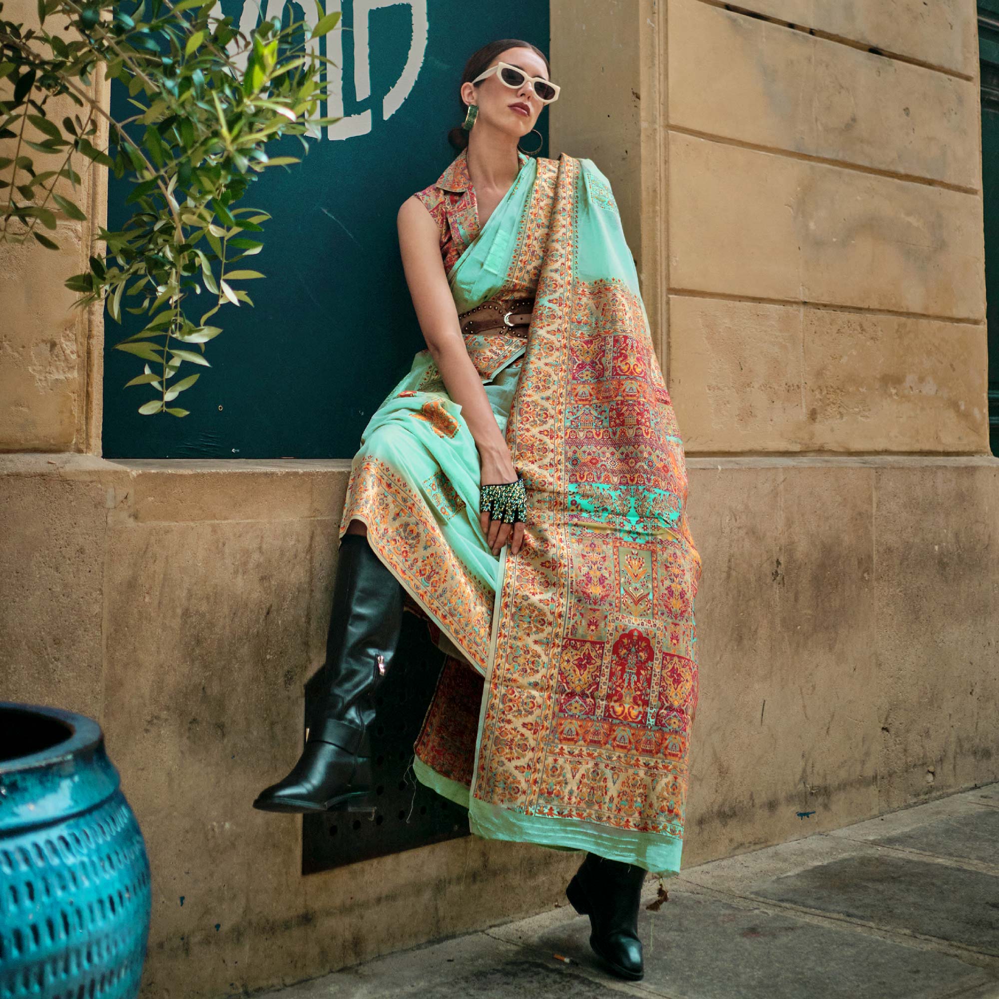 Light Turquoise Floral Embroidered Woven Chanderi Silk Saree