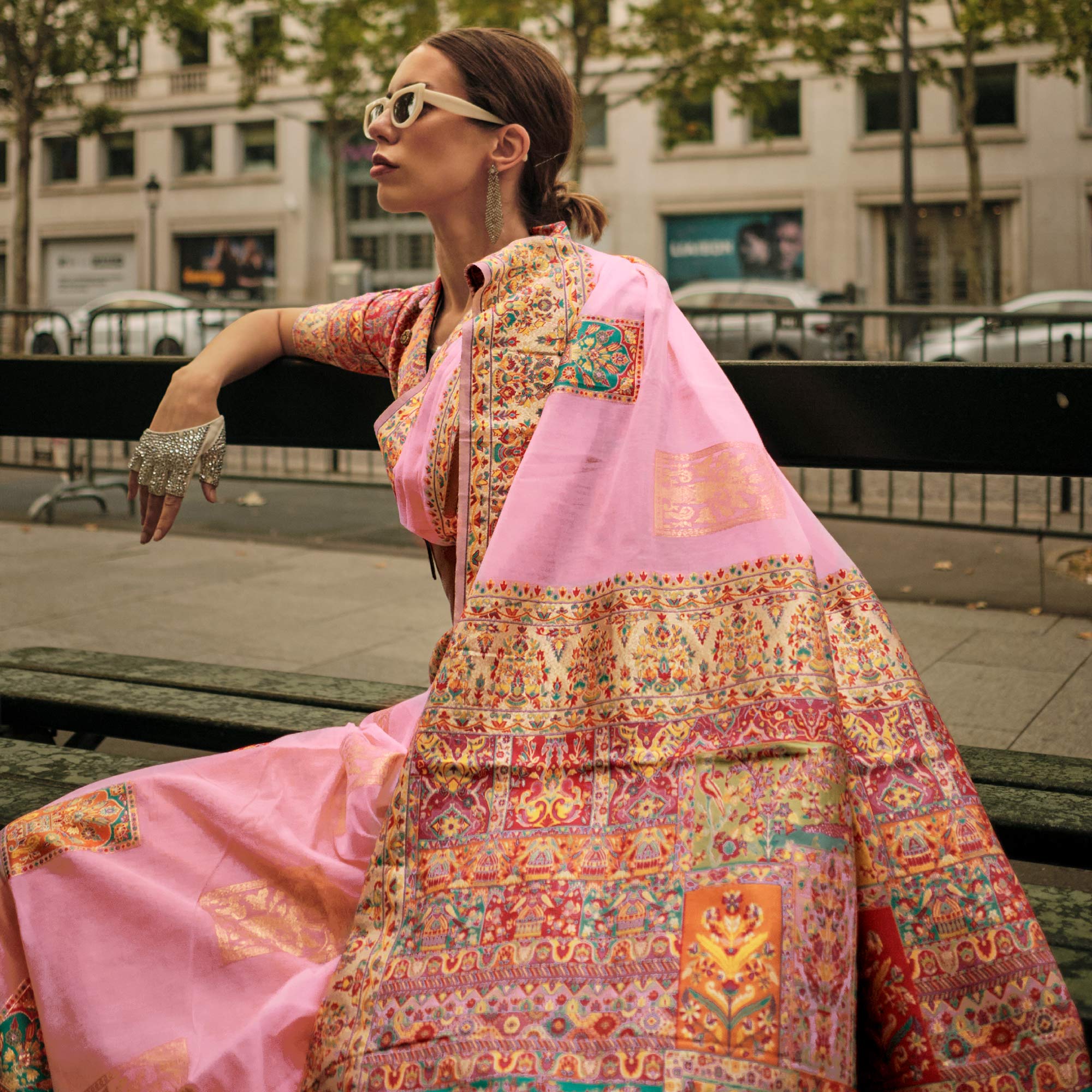 Pink Floral Embroidered Woven Chanderi Silk Saree