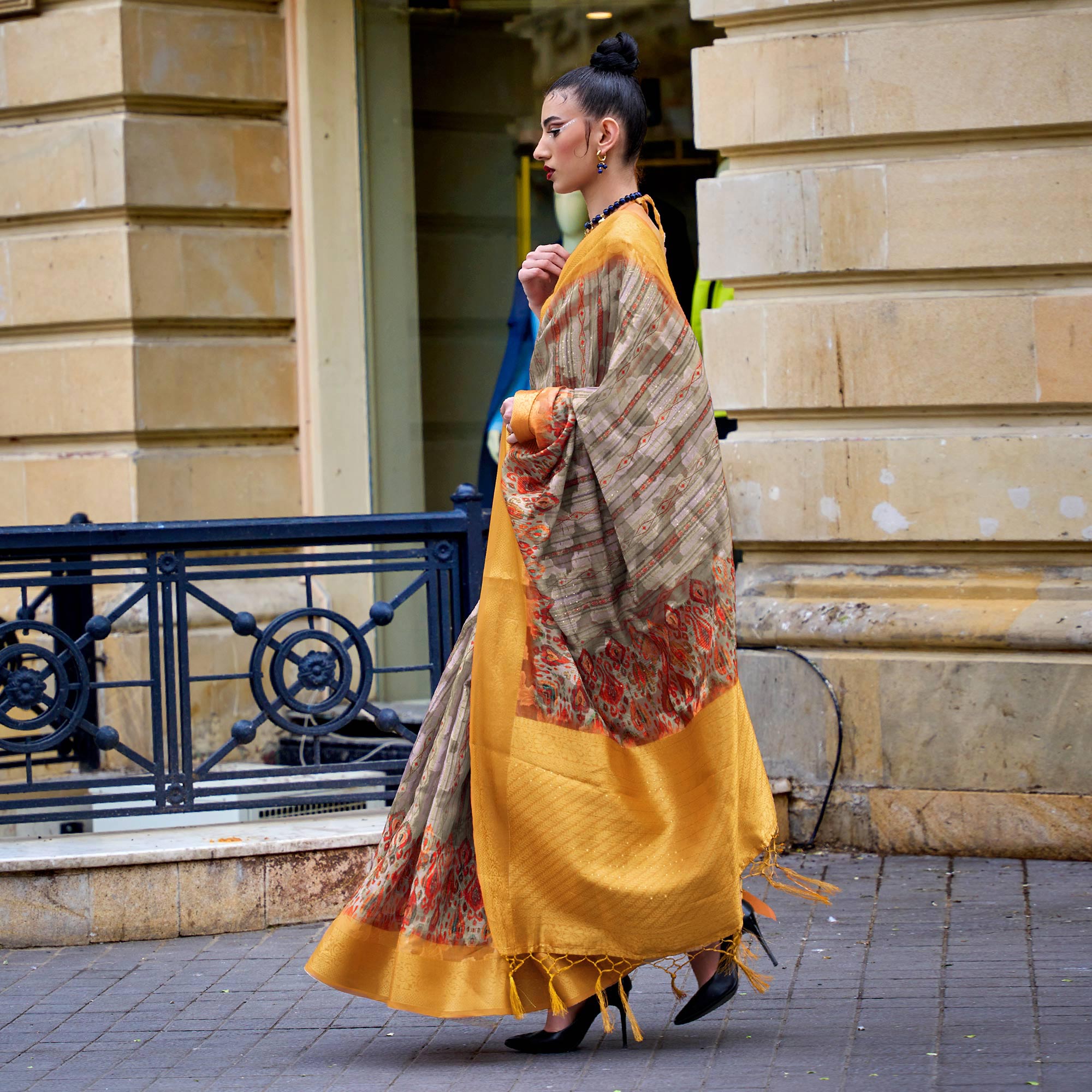 Grey Floral Printed Brasso Saree With Tassels
