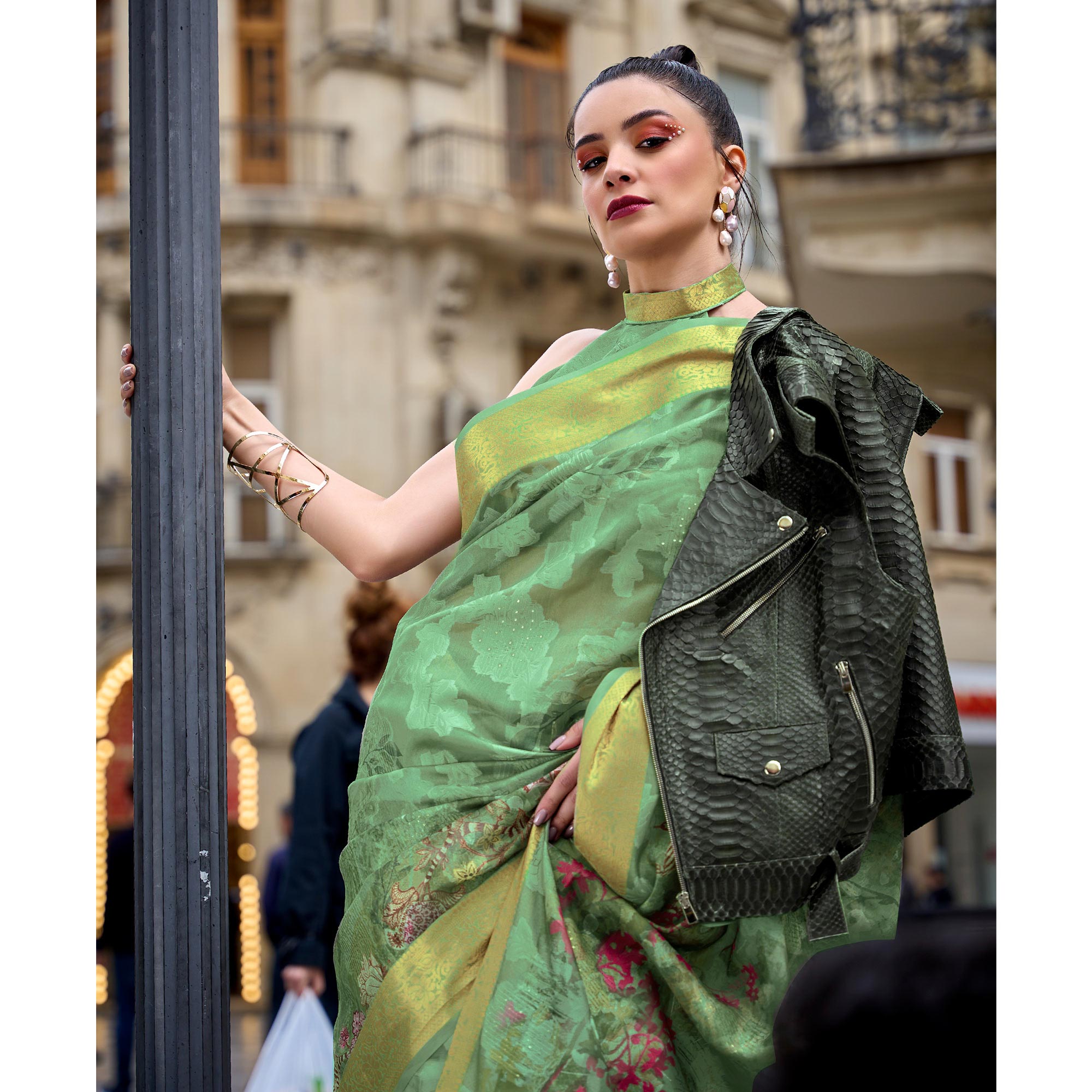 Mehandi Green Floral Woven Brasso Saree With Tassels